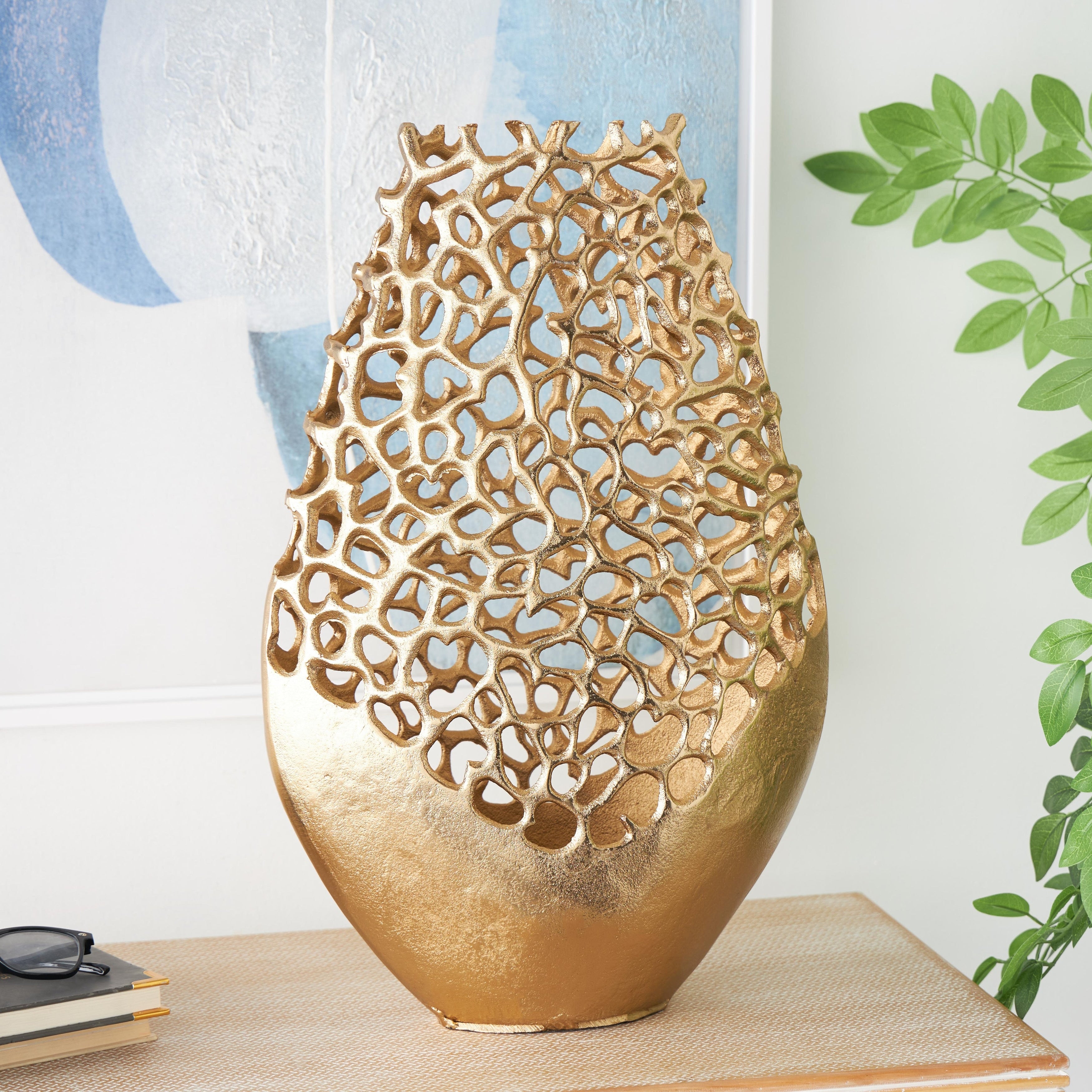 Aluminum Metal Rounded Decorative Vase with Freeform Open Lattice Work - Silver or Gold - Roche River Decor