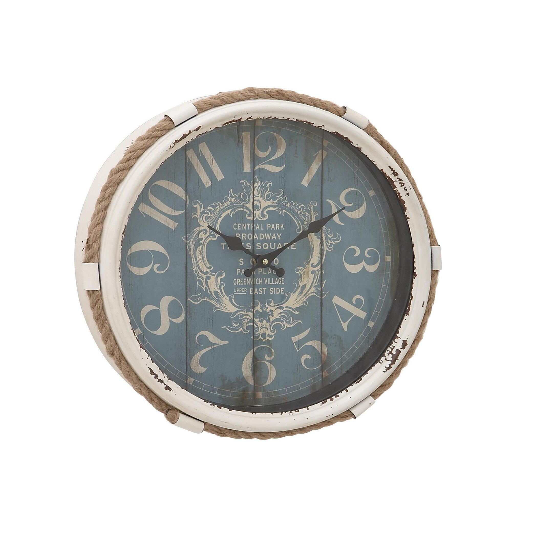 Metal Scroll Decorative Wall Clock with Distressed Frame and Rope Accent - Blue or White - Roche River Decor