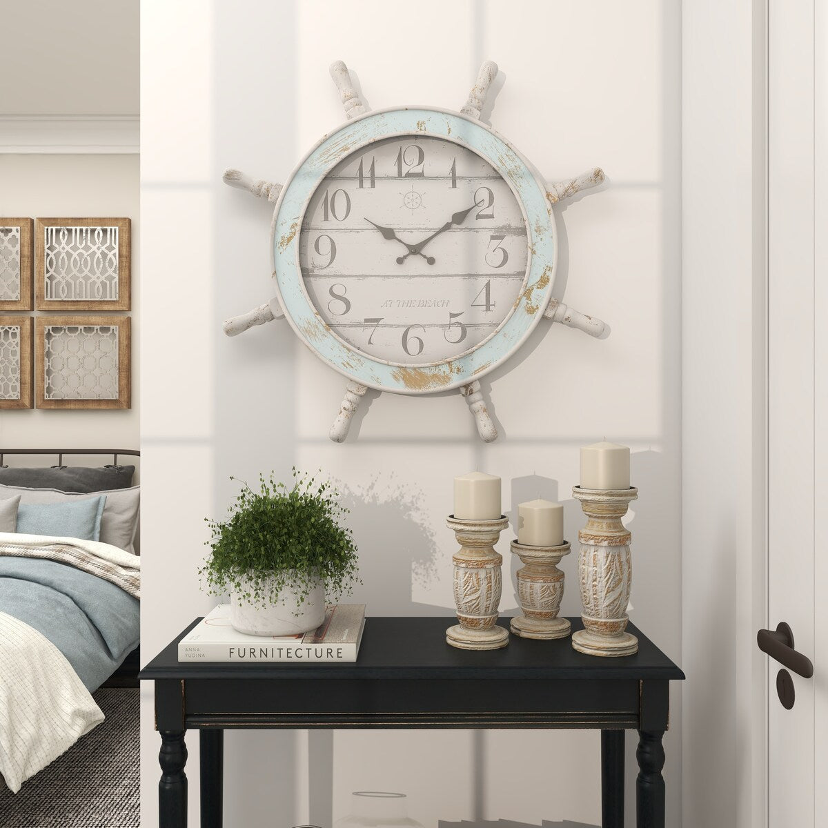 Wood Sail Boat Ship Wheel Decorative Wall Clock - Blue - Roche River Decor