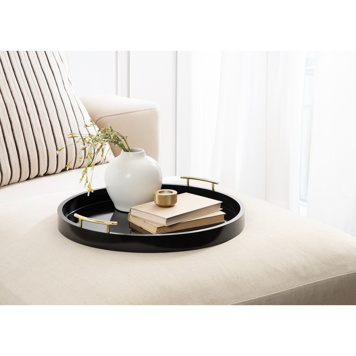 Kate and Laurel Lipton Round Decorative Tray with Metal Handles