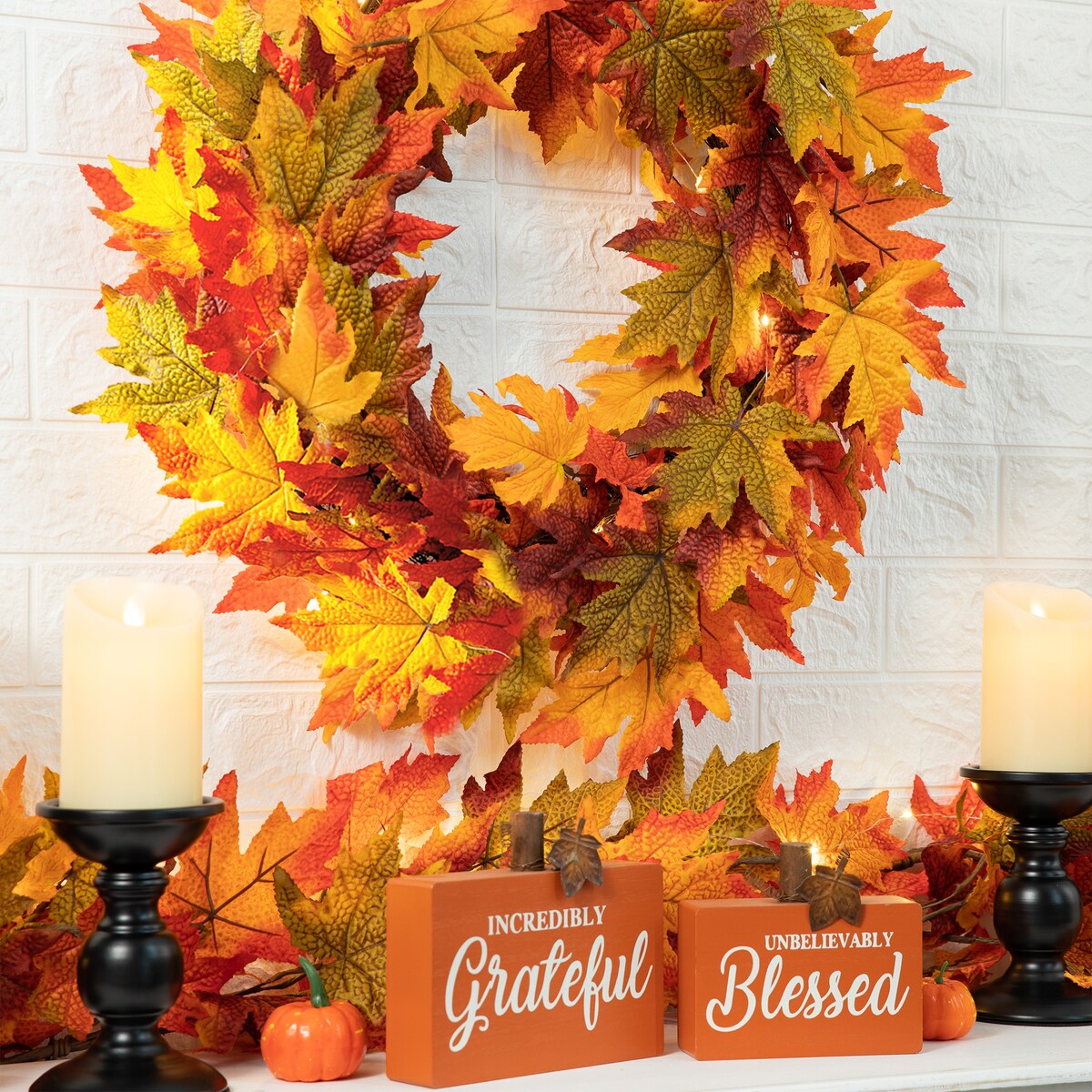 Glitzhome LED Lighted Fall Maple Leaves Wreath/Garland for Thanksgiving