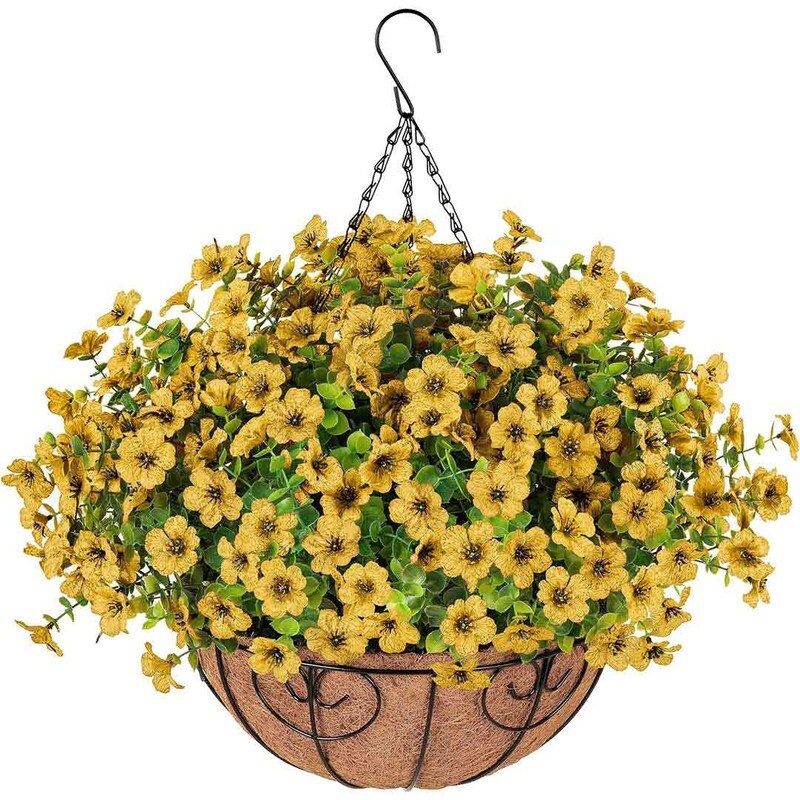 Artificial Fake Hanging Plants Flowers with Basket Outdoor Decor Faux Silk Daisy Flower Arrangements in Pot Planter