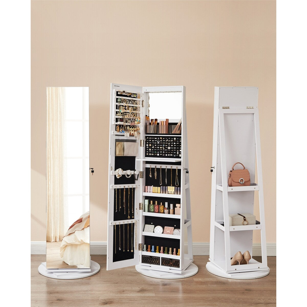 360° Swivel Jewelry Organizer Lockable Mirror Jewelry Cabinet - N/A