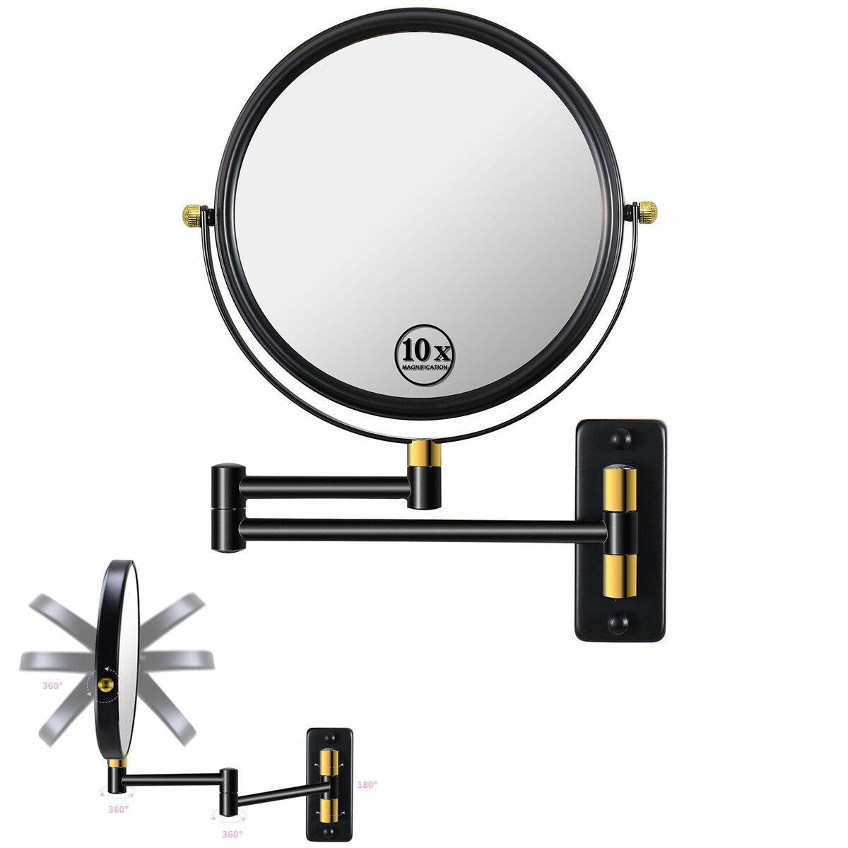 360° Swivel Wall Mounted Makeup Vanity Mirror with Extension Arm, 1X / 10X Magnification Mirror, 8-inch Makeup Mirror