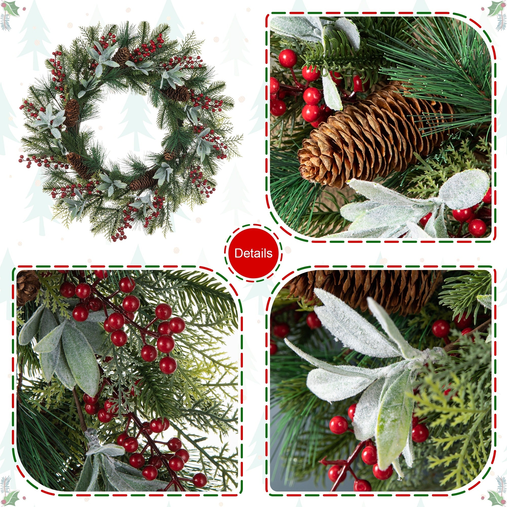 Glitzhome Christmas Berry Pinecone & Bell Teardrop Wreath Door Hanging Decor