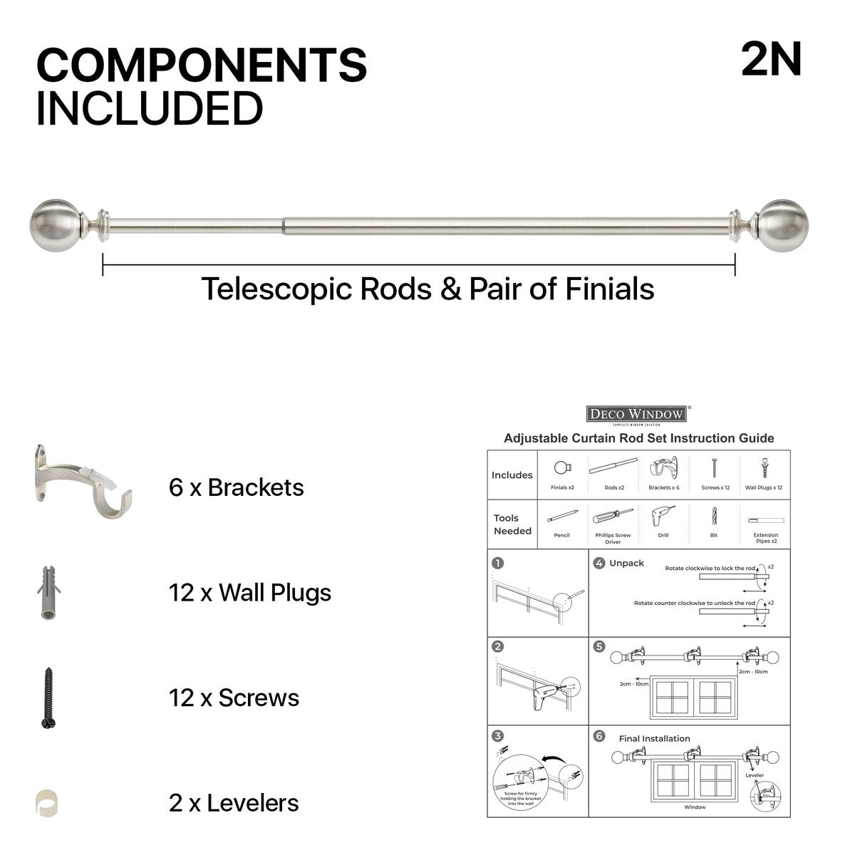 Deco window 1 Inch Adjustable Curtain Rod for Windows & Doors Curtains with Ball Finials & Brackets Set