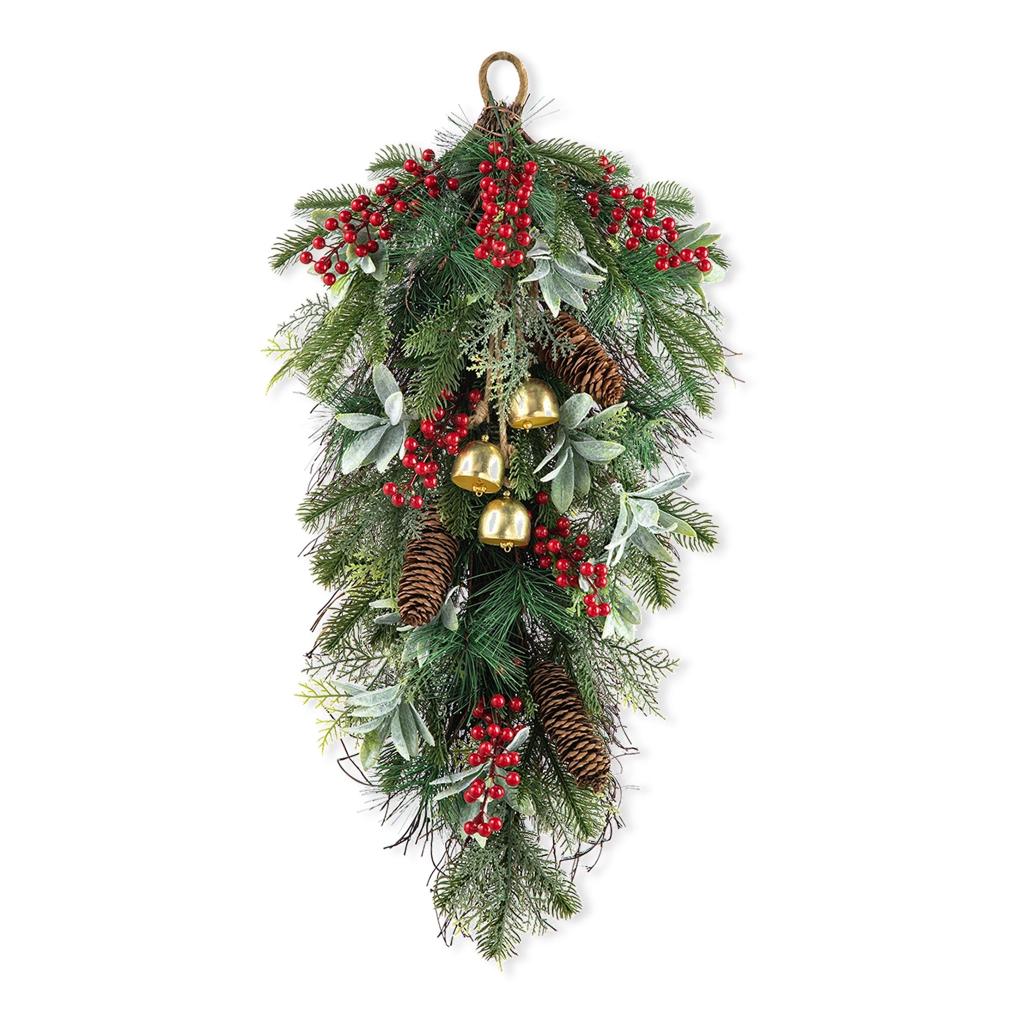 Glitzhome Christmas Berry Pinecone & Bell Teardrop Wreath Door Hanging Decor