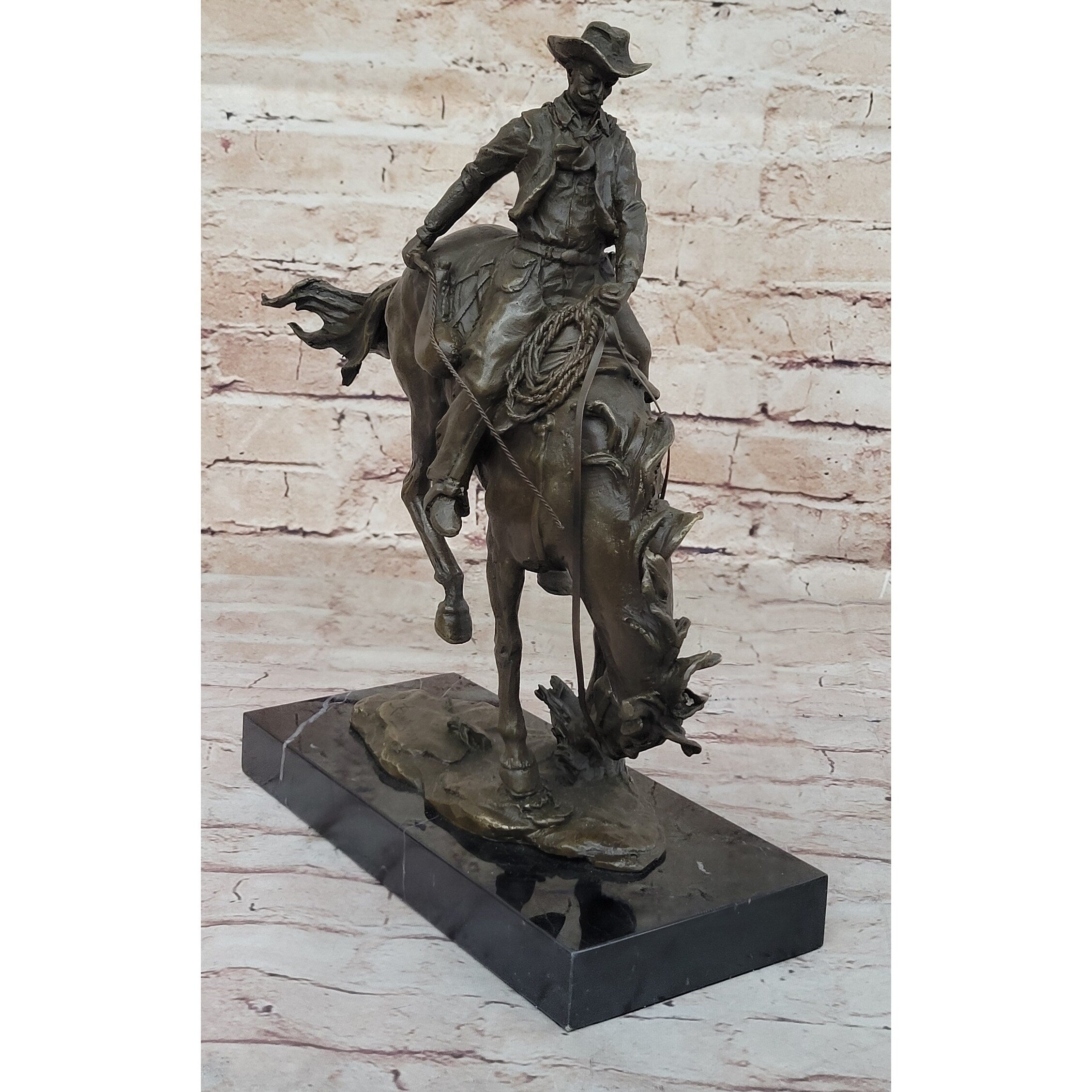 Remington Bronco Buster Cowboy On Bucking Horse - Western Bronze Sculpture On Marble Base