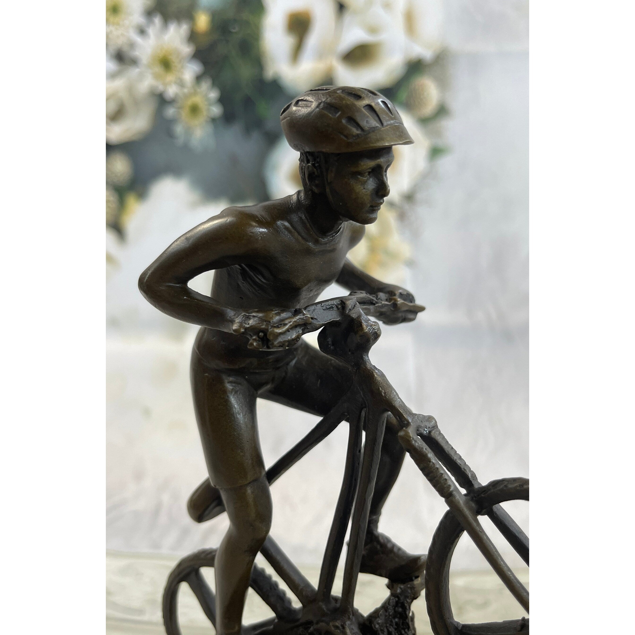 Signed: Nick Bronze Sculpture Biking Sport Statue Man On Bike Bicycle Great Deal!