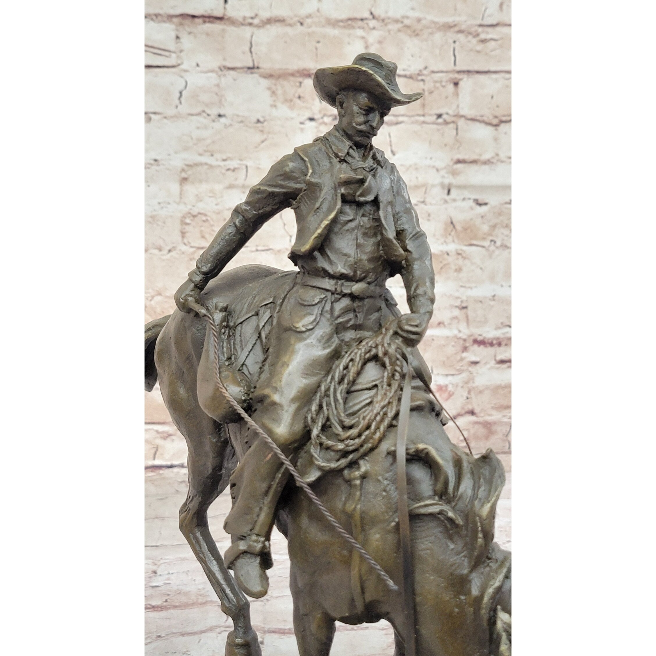 Remington Bronco Buster Cowboy On Bucking Horse - Western Bronze Sculpture On Marble Base