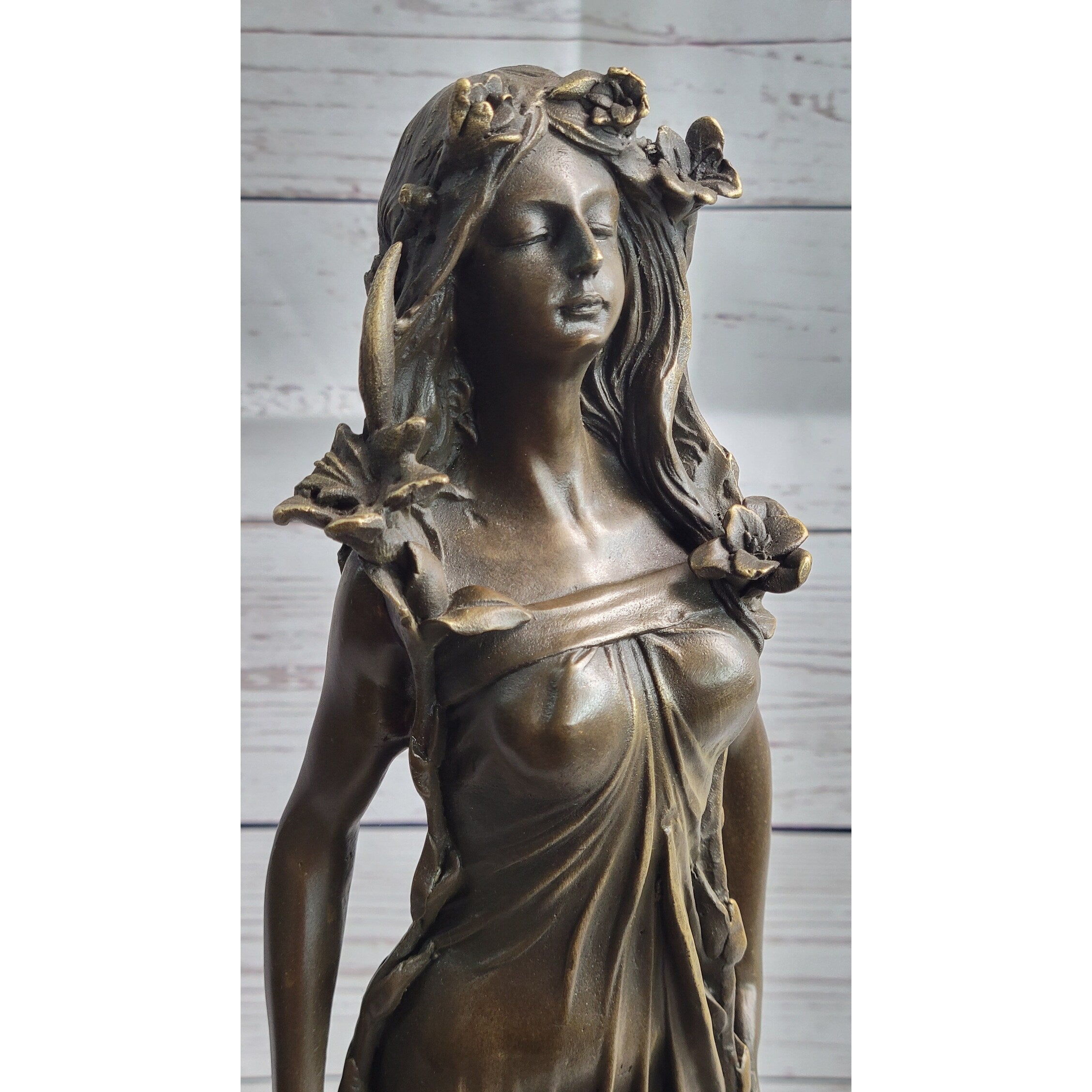 Nymph Girl With Floral Hair Crown Bronze Sculpture Statue Fantasy Art Decor Signed Original Vitaleh