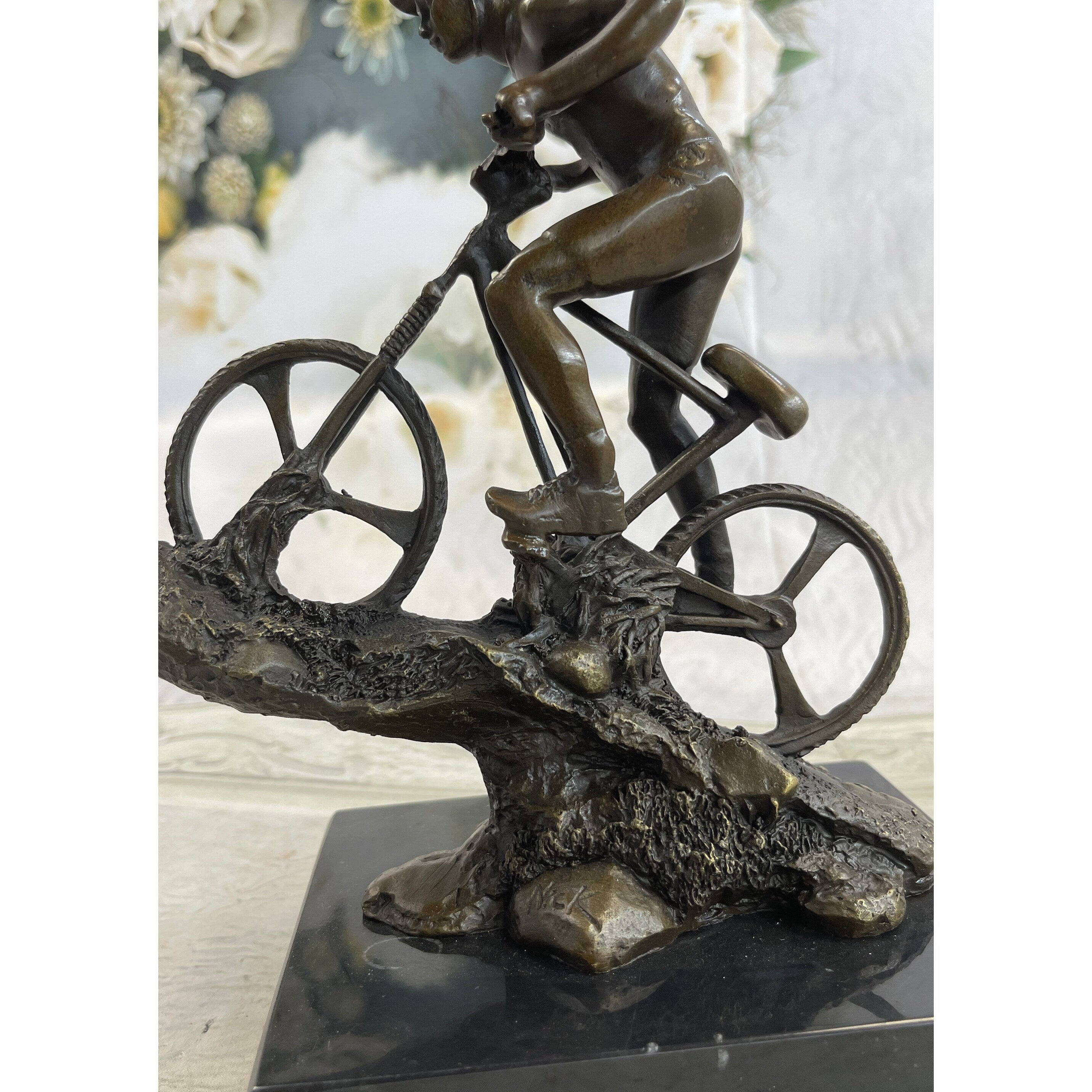 Signed: Nick Bronze Sculpture Biking Sport Statue Man On Bike Bicycle Great Deal!