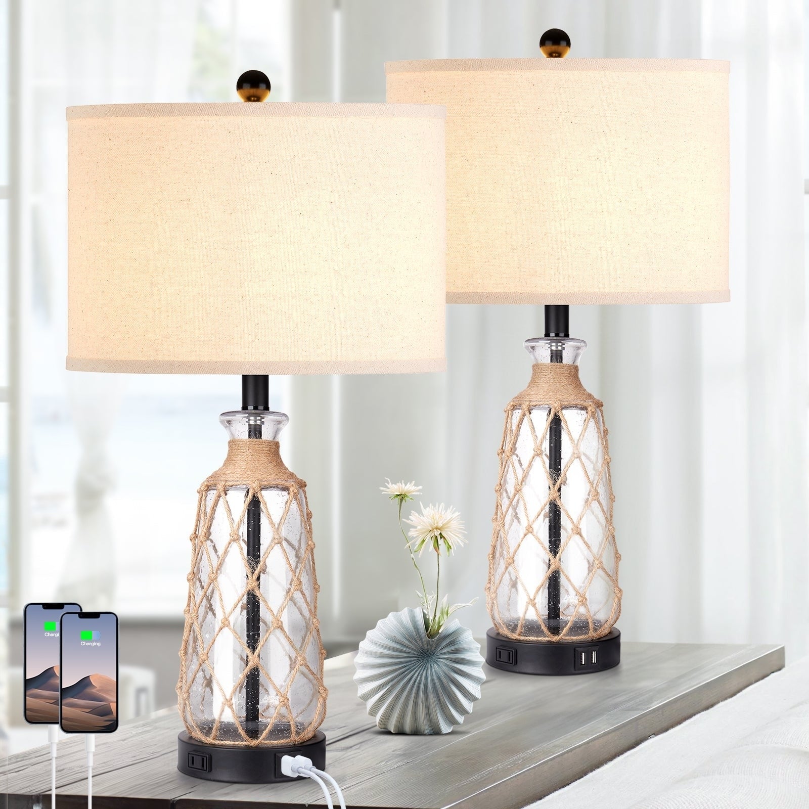 Glass Rattan Table Lamp 3-way Touch Dimming Switch Dual USB Charging Ports AC Outlet (Set of 2) - 12''x 12'' x 25'' (L x W x H)