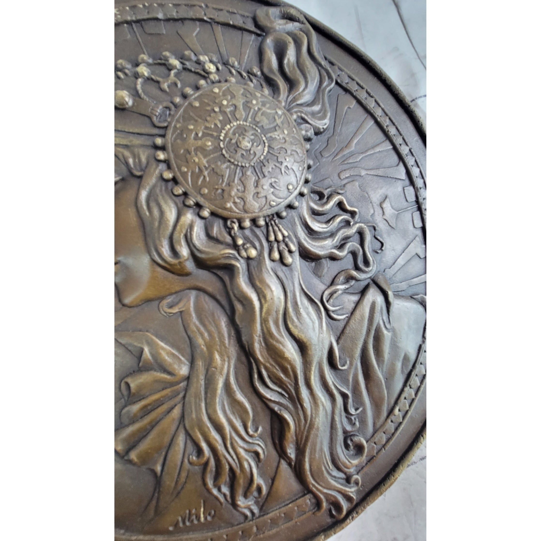 Art Nouveau Female Portrait Bronze Metal Hanging Wall Plate Plaque Signed Original Art