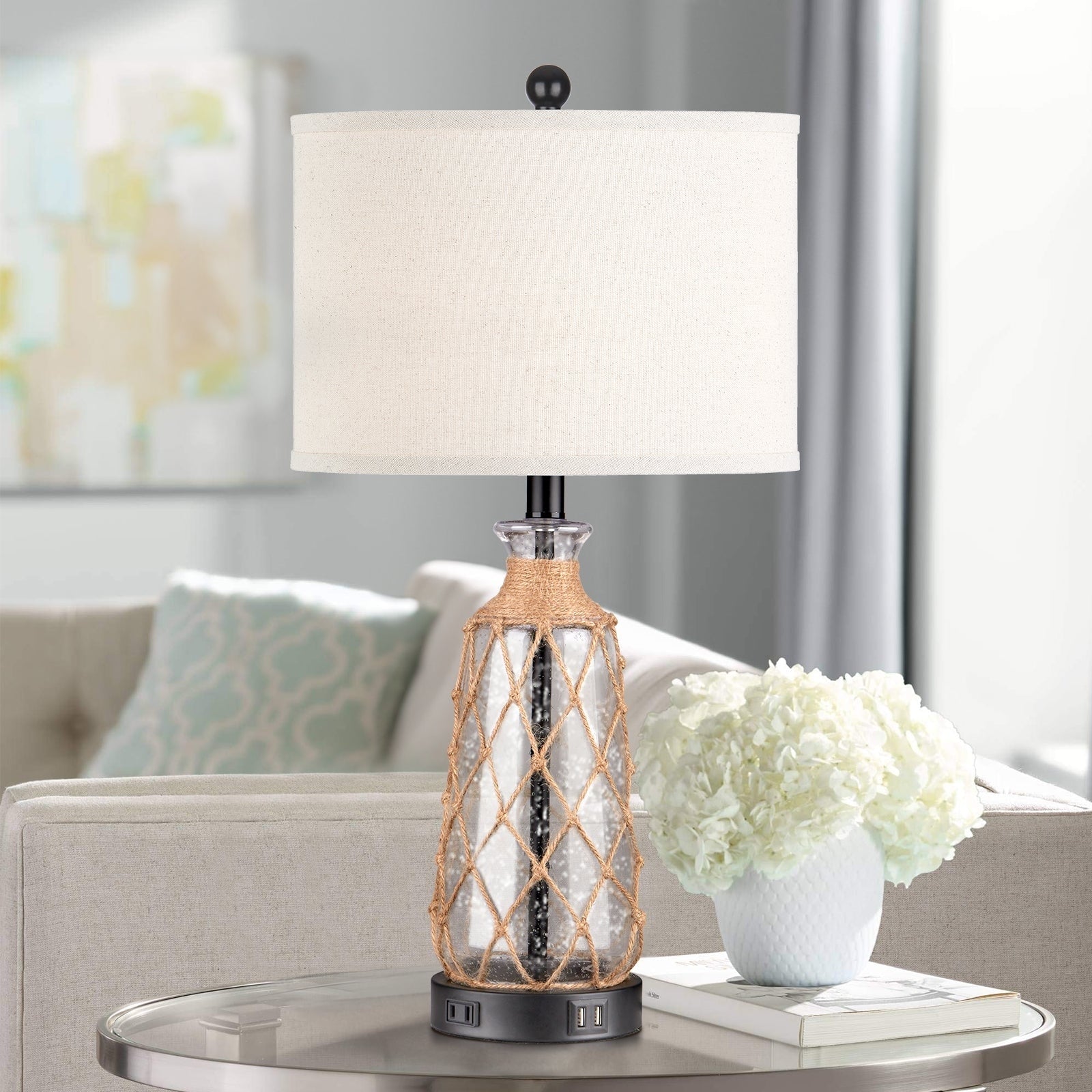 Glass Rattan Table Lamp 3-way Touch Dimming Switch Dual USB Charging Ports AC Outlet (Set of 2) - 12''x 12'' x 25'' (L x W x H)