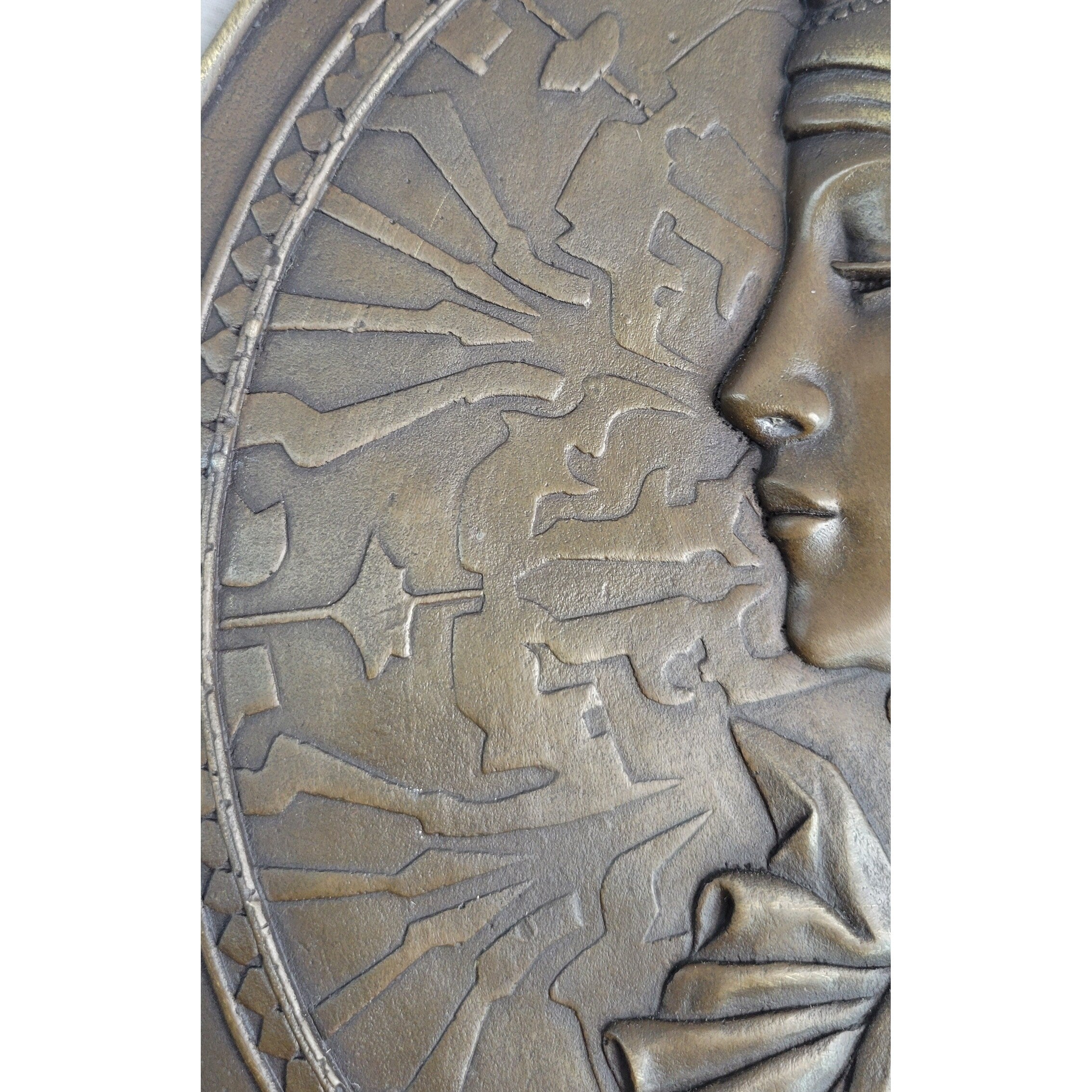 Art Nouveau Female Portrait Bronze Metal Hanging Wall Plate Plaque Signed Original Art