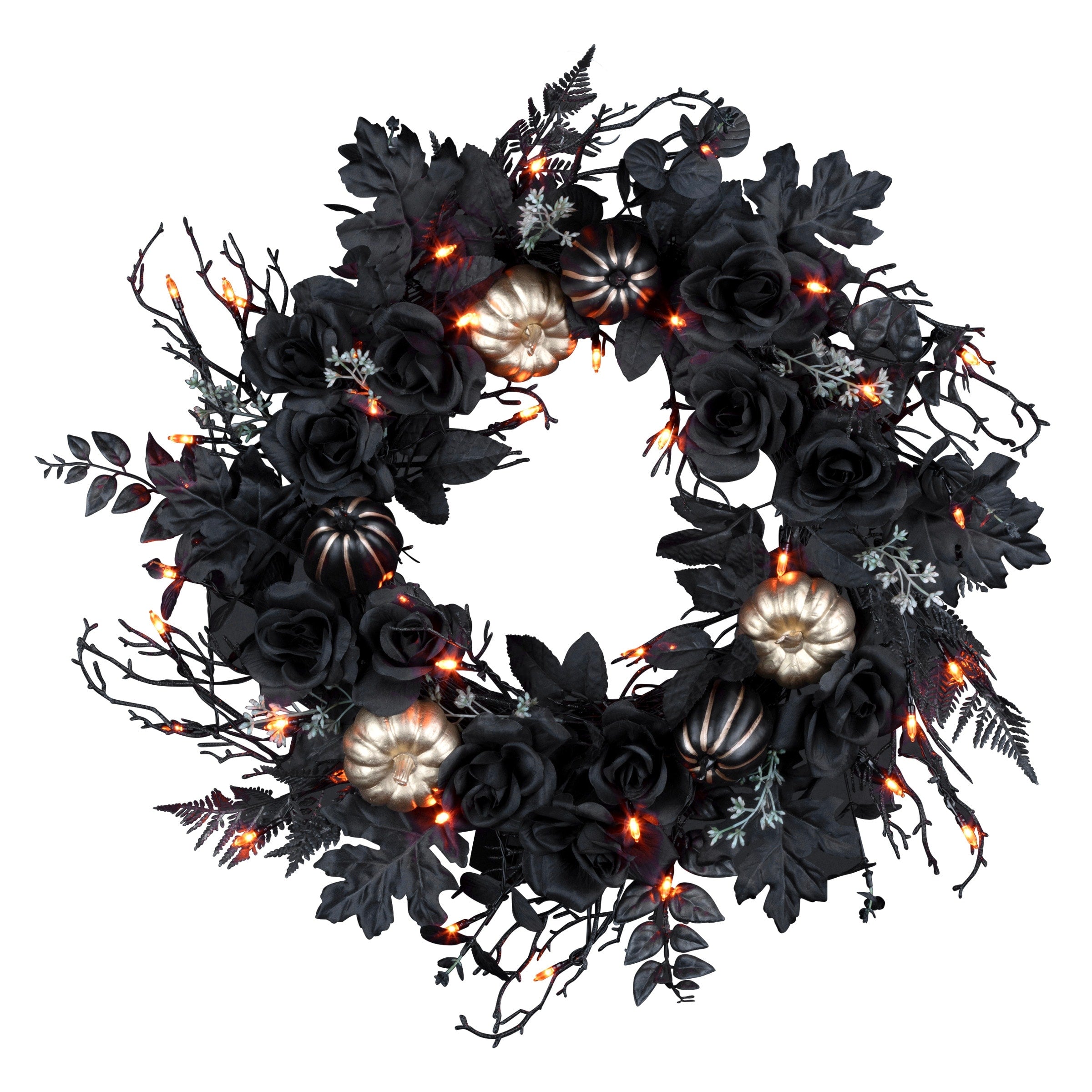 National Tree Company 24 Artificial Chic Eek Black and Gold Halloween Wreath, 40 Orange LED Lights, Battery Operated