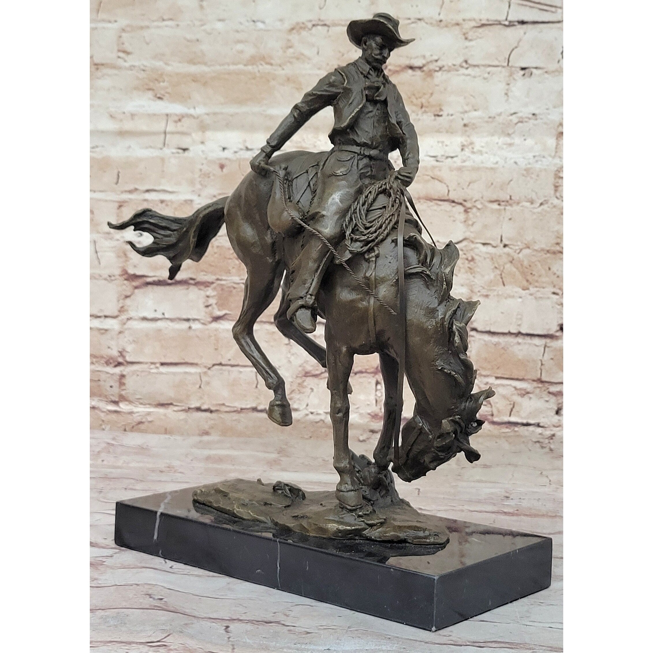 Remington Bronco Buster Cowboy On Bucking Horse - Western Bronze Sculpture On Marble Base