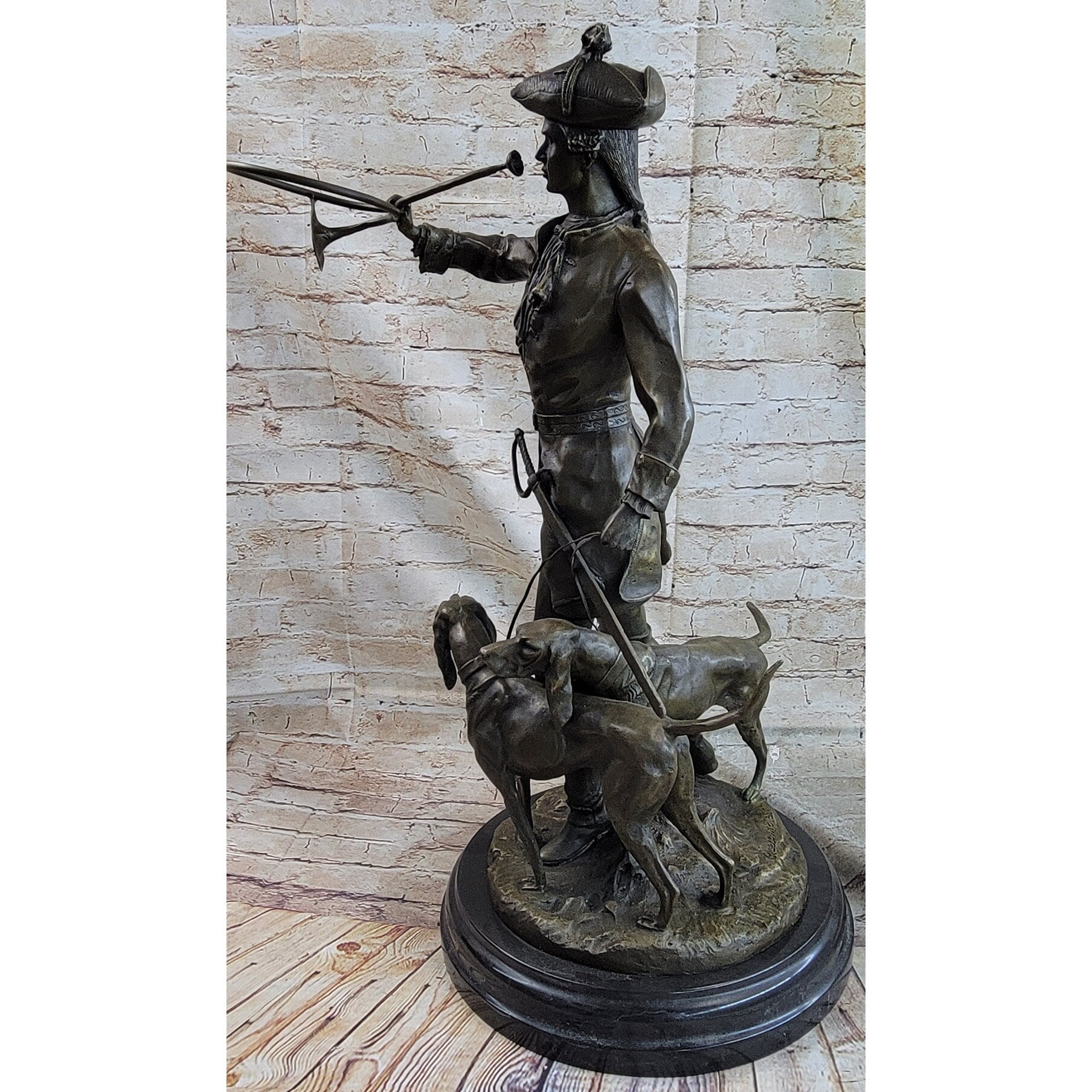 Military Bugler With Hound Dogs Bronze Statue Sculpture On Marble Base 26 Inches X 19 Inches