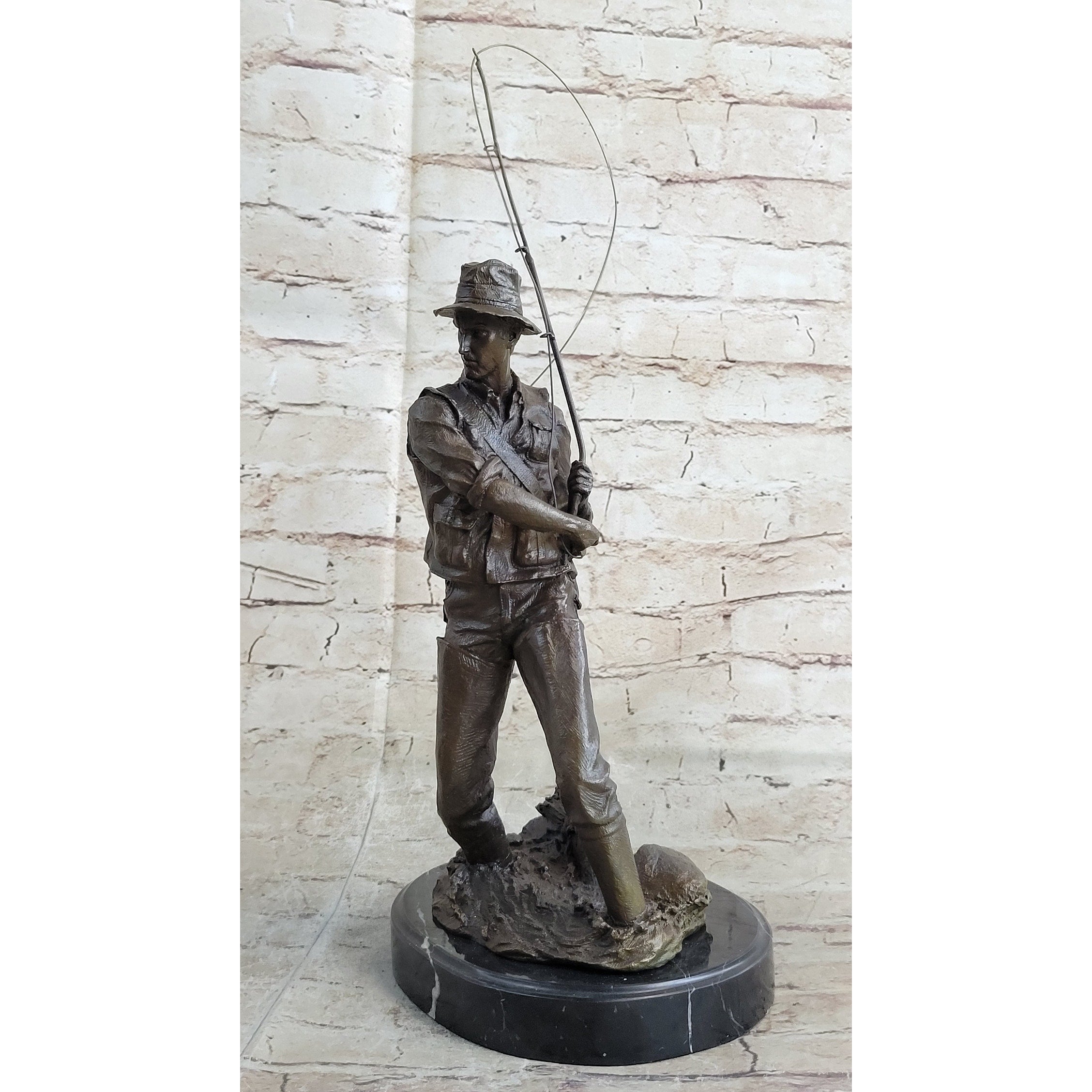 Fisherman Man Fishing Bronze Statue Sculpture Figure Decor 16 Inches X 8 Inches