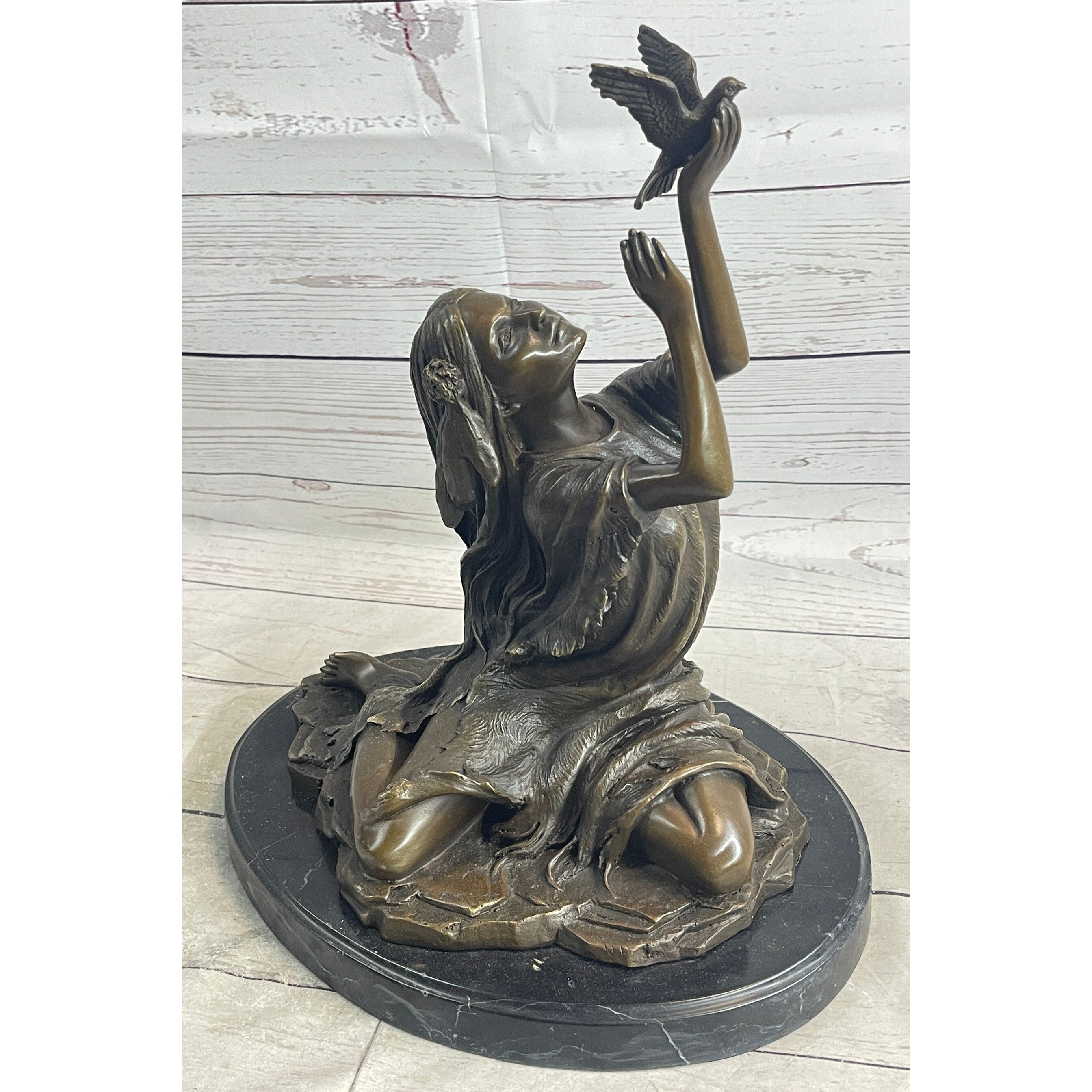 Native American Indian Young Girl W/ Bird - Bronze Metal Statue Sculpture Original Art