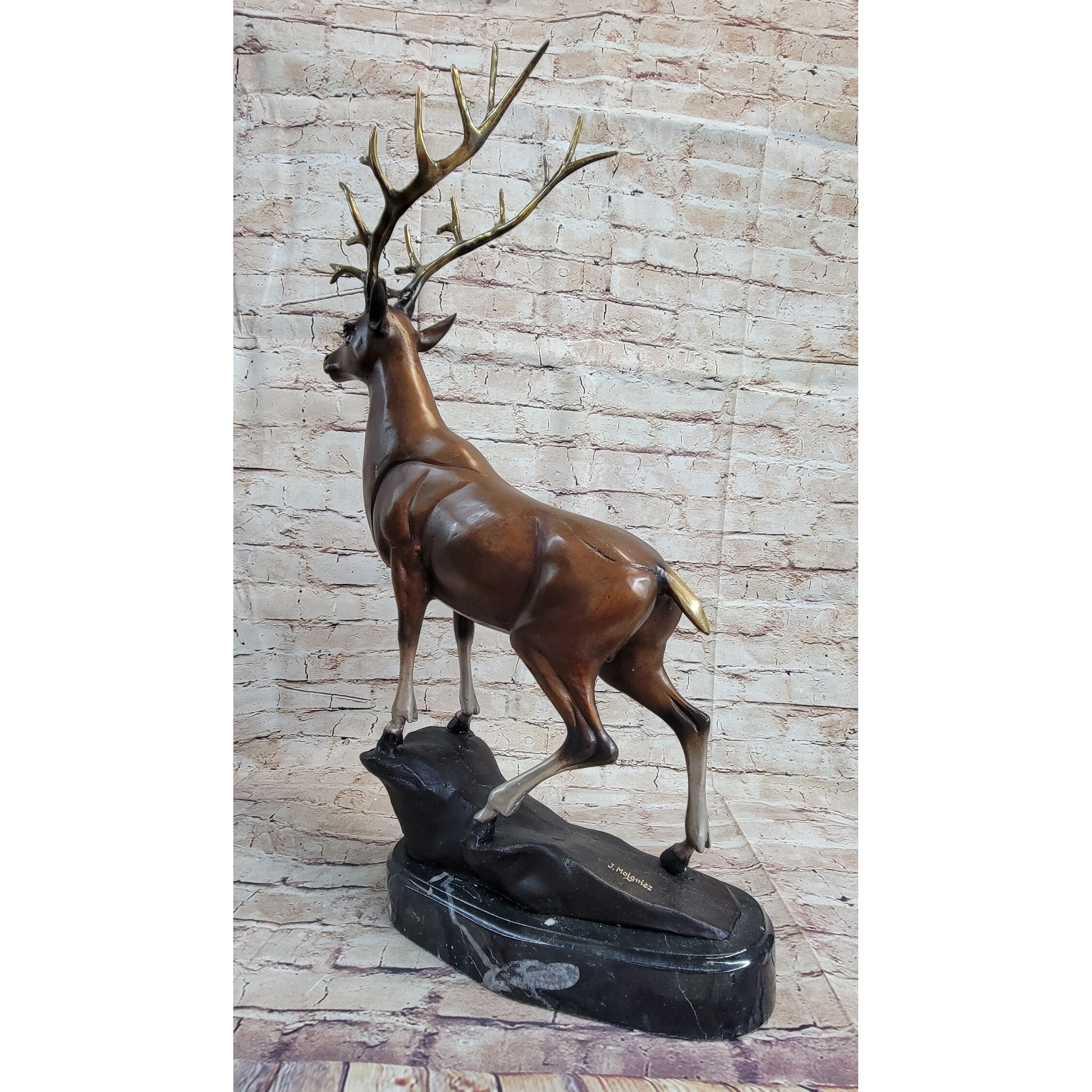 Elk Stag Caribou Reindeer Buck Standing On Rock Bronze Sculpture Statue Figure On Marble Base