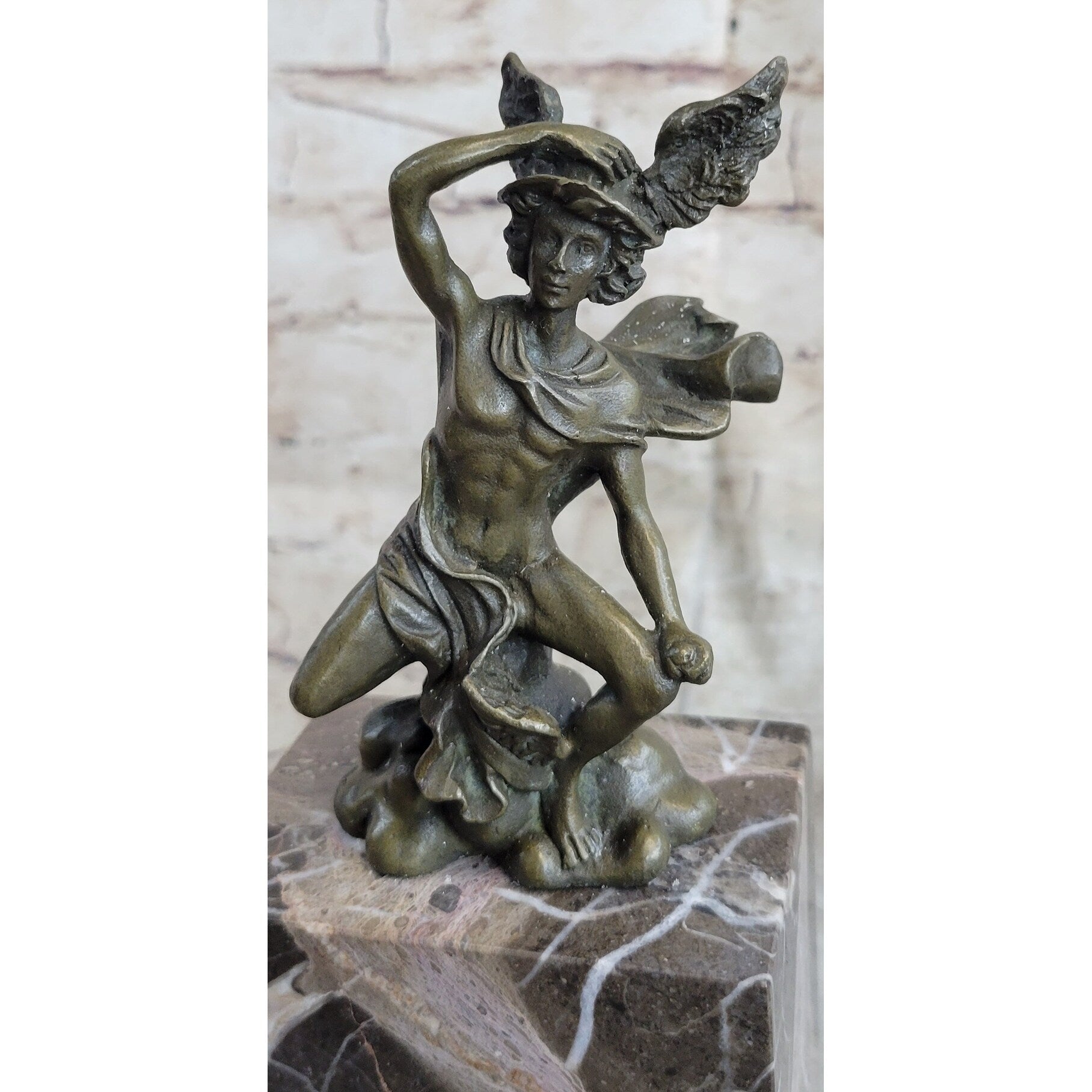 Mercury Hermes W/ Winged Helm Miniature Bronze Sculpture Figure On Marble Base