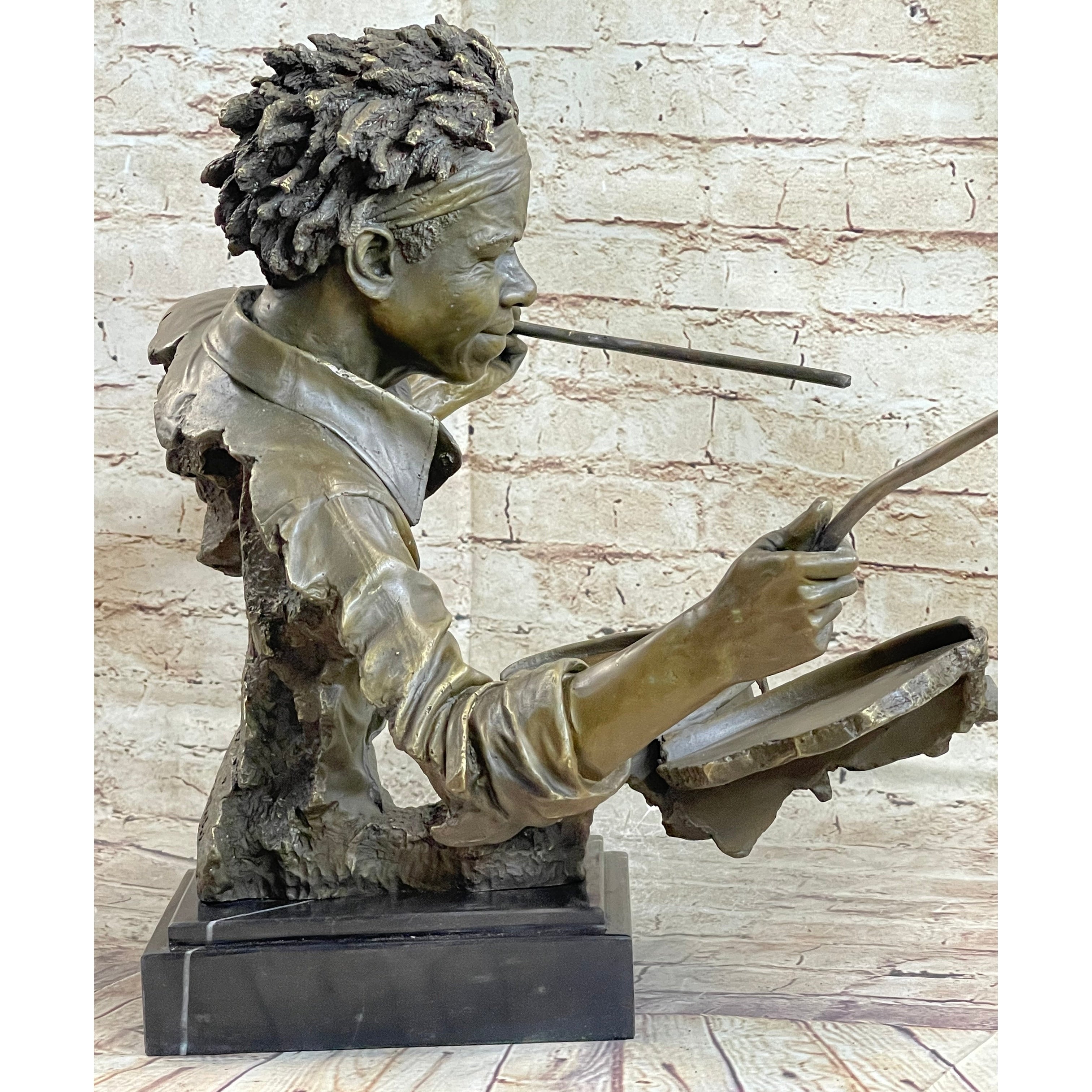 African American Drummer Musician Bronze Sculpture Statue Marble Base