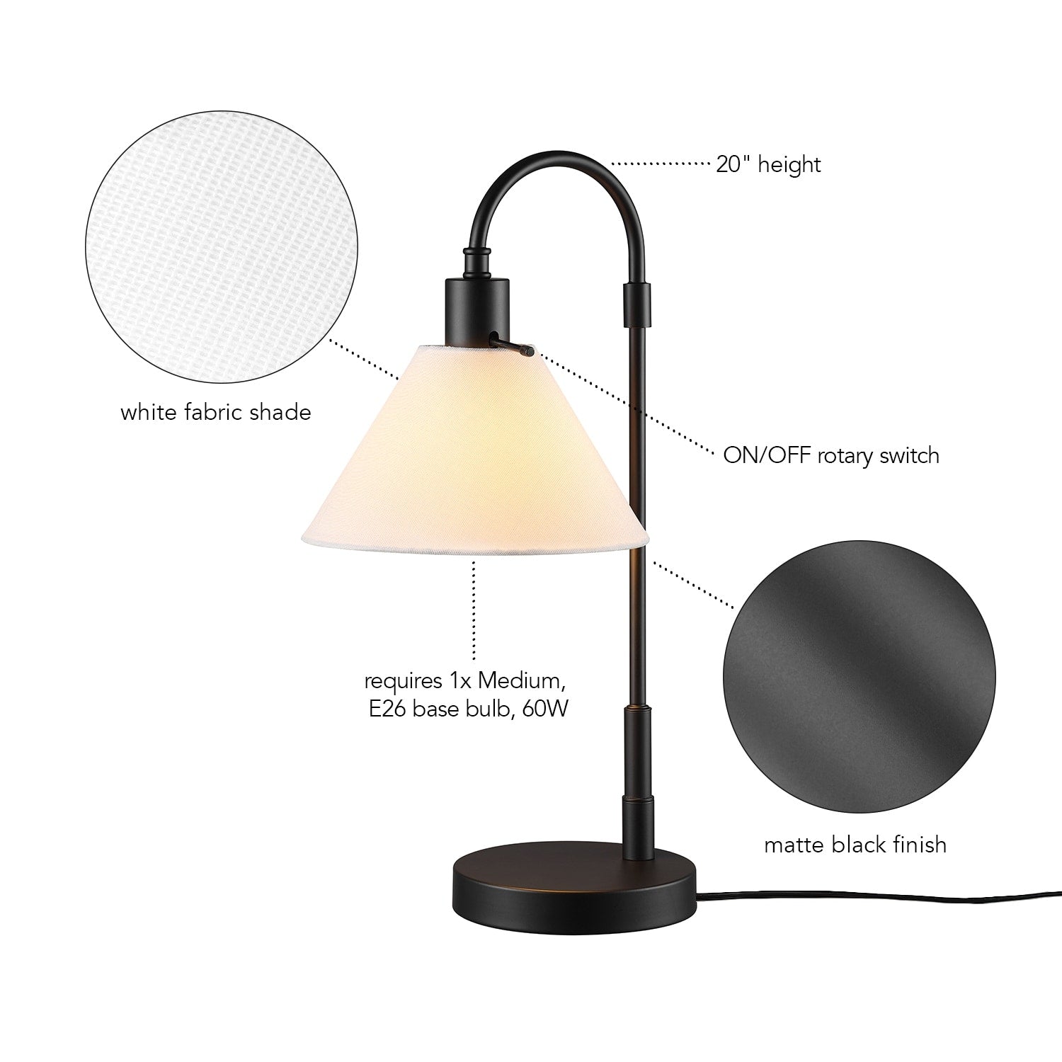 20 Matte Black Table Lamp with White Fabric Shade - 9