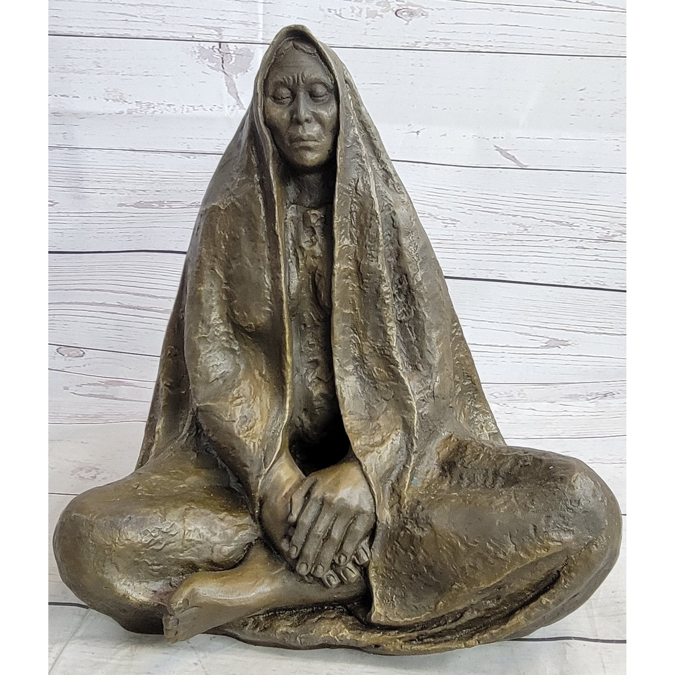 Native American Art Indian W/ Cloak Meditating Bronze Sculpture Figure Statue 11 Inches X 10 Inches