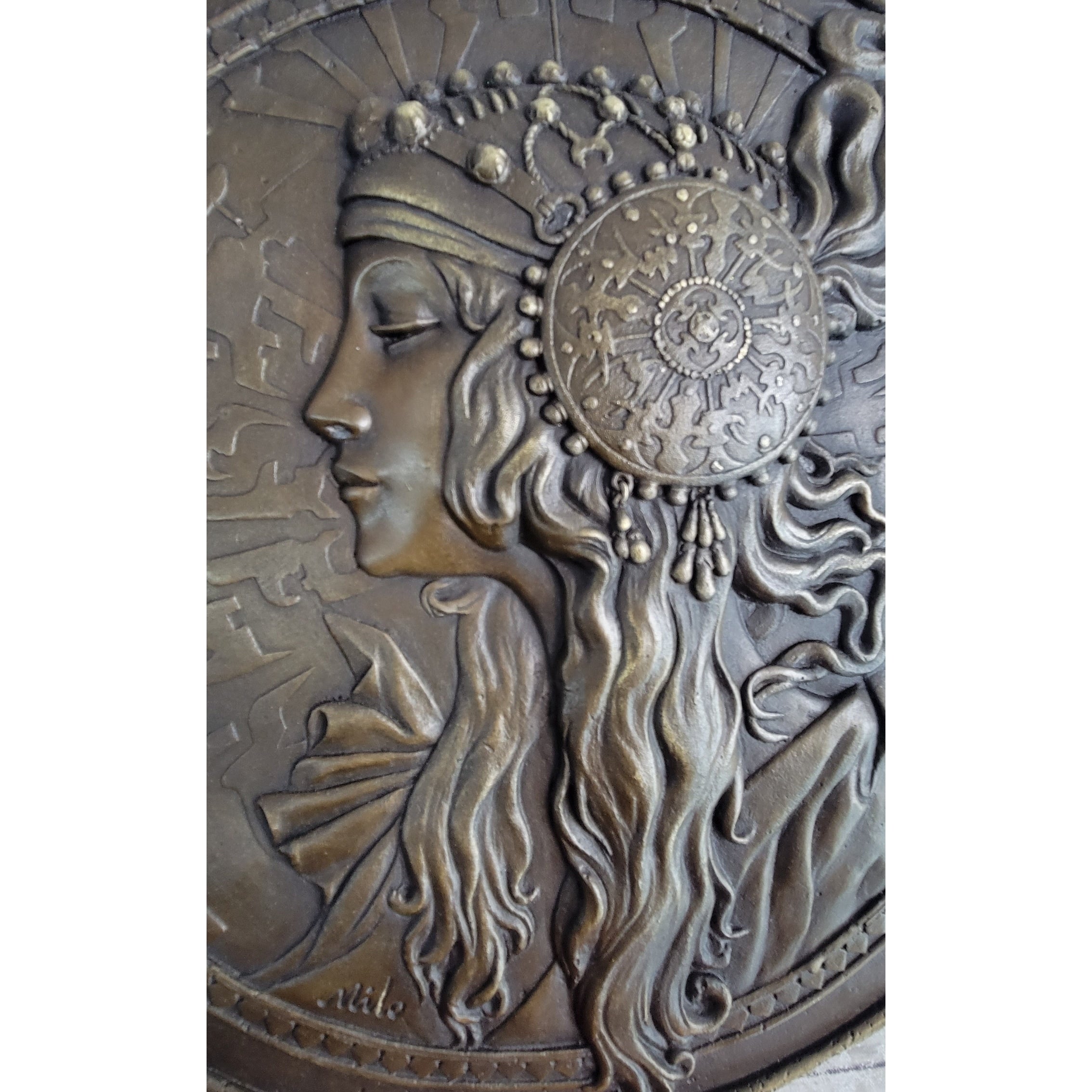 Art Nouveau Female Portrait Bronze Metal Hanging Wall Plate Plaque Signed Original Art