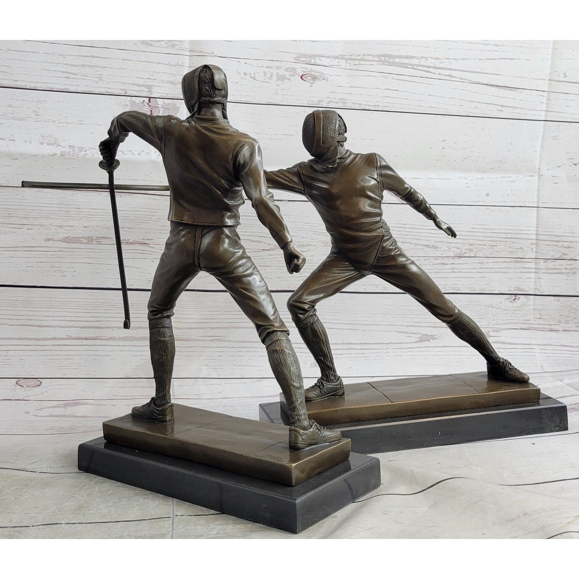 Pair Of Fencers Fencing Bronze Bookend Sculptures Figurines On Marble Base