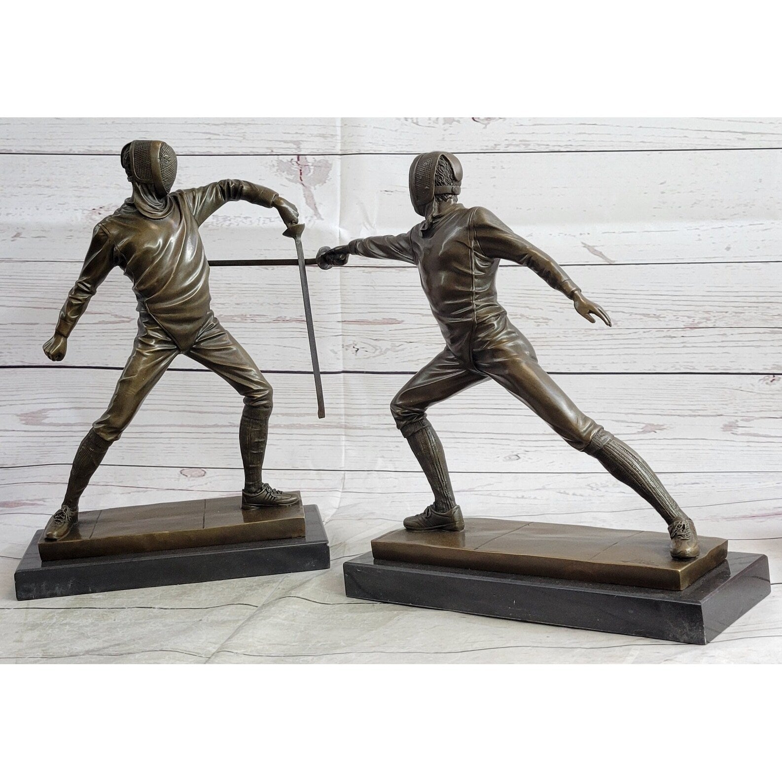 Pair Of Fencers Fencing Bronze Bookend Sculptures Figurines On Marble Base