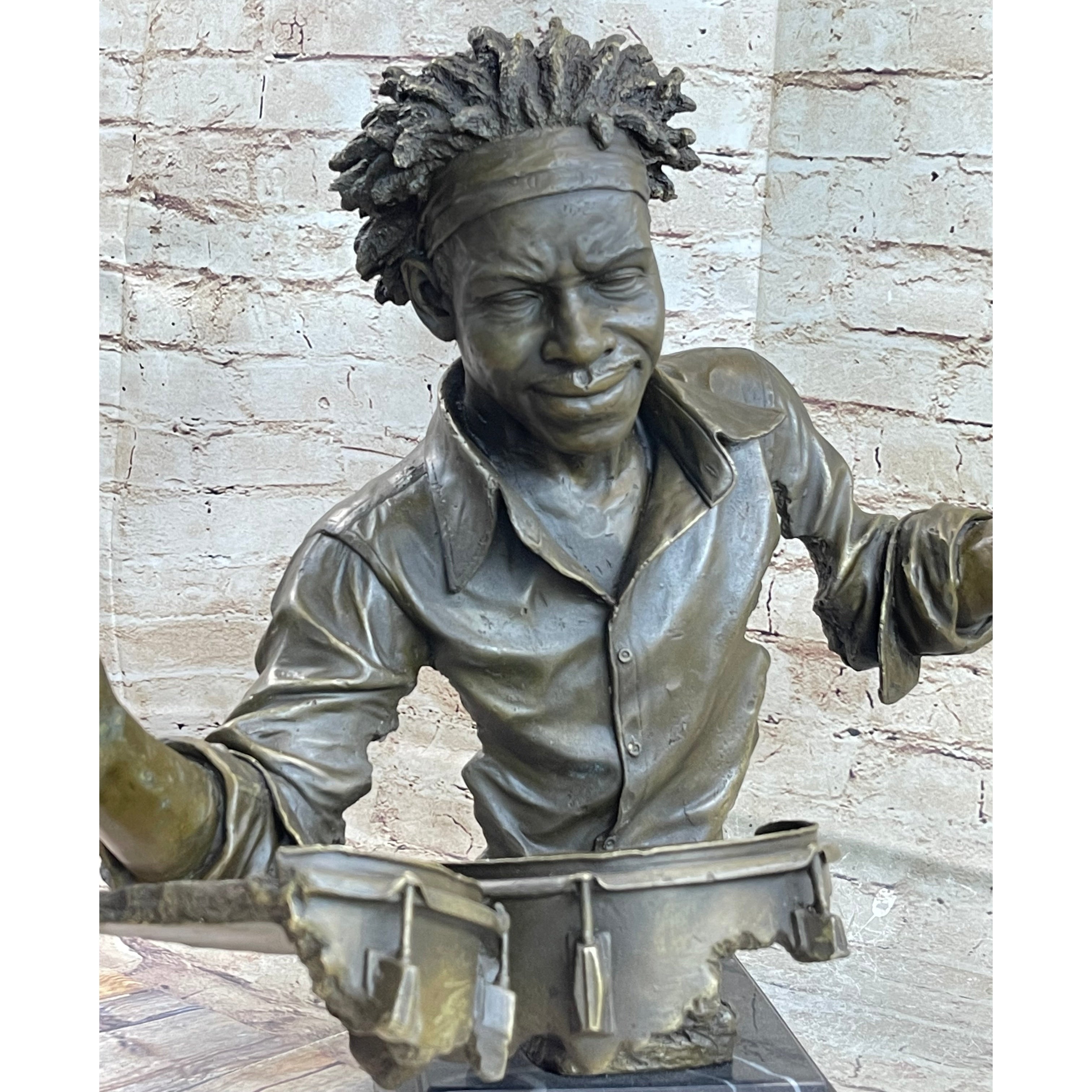 African American Drummer Musician Bronze Sculpture Statue Marble Base