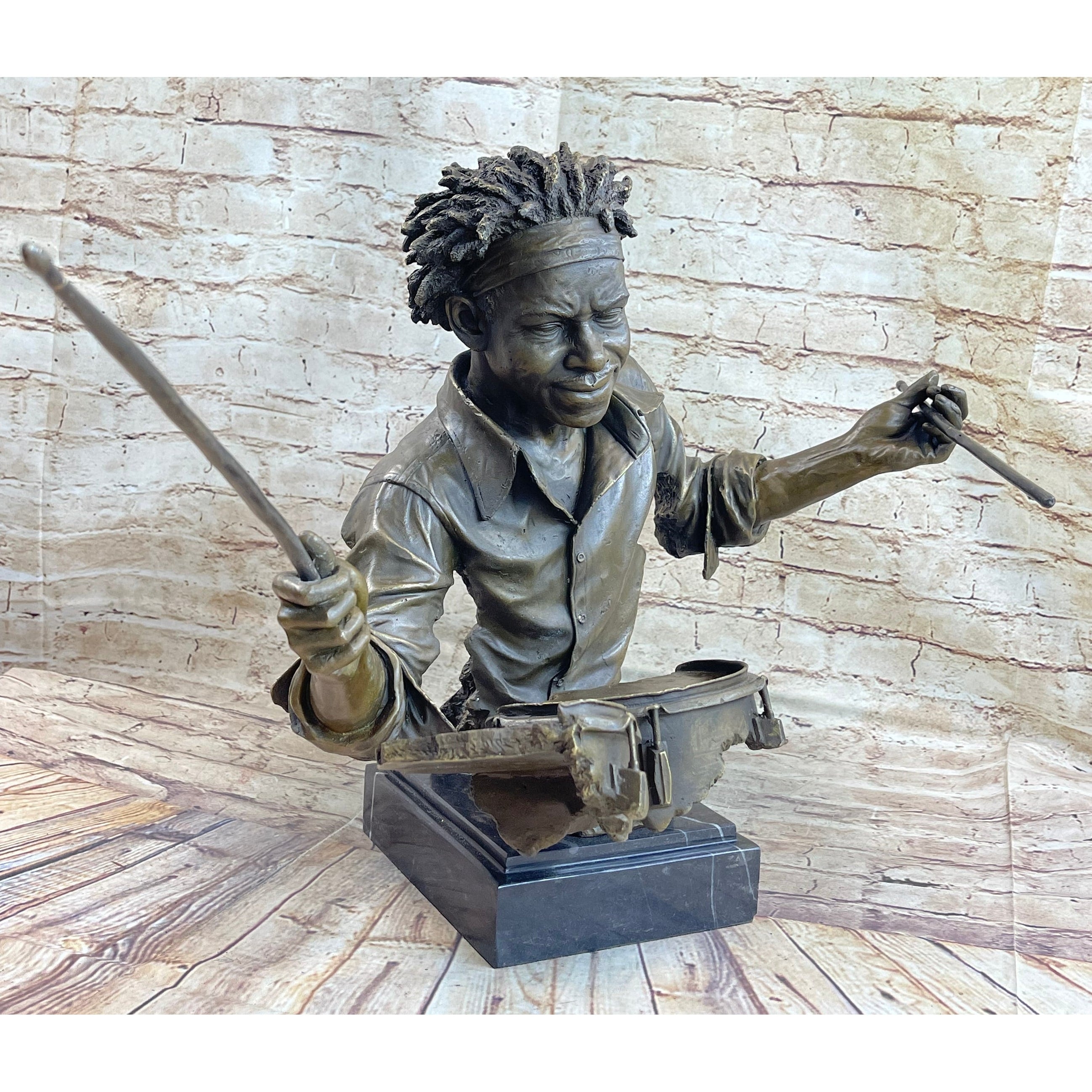 African American Drummer Musician Bronze Sculpture Statue Marble Base