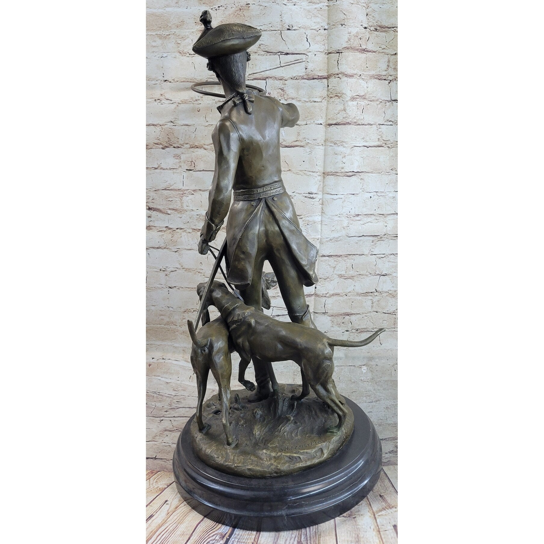 Military Bugler With Hound Dogs Bronze Statue Sculpture On Marble Base 26 Inches X 19 Inches