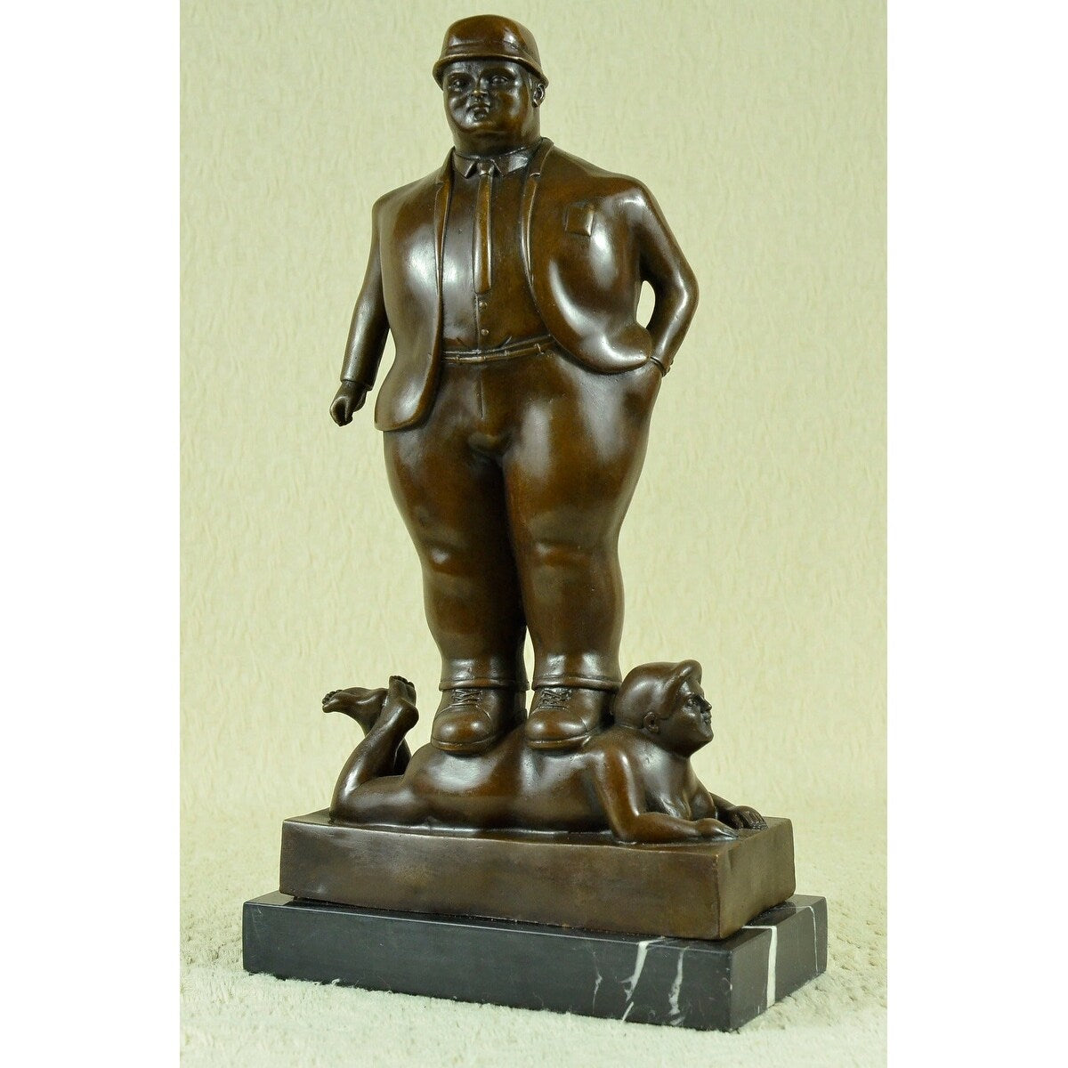 Signed Large Botero English Man Standing Over His Wife Bronze Sculpture Statue