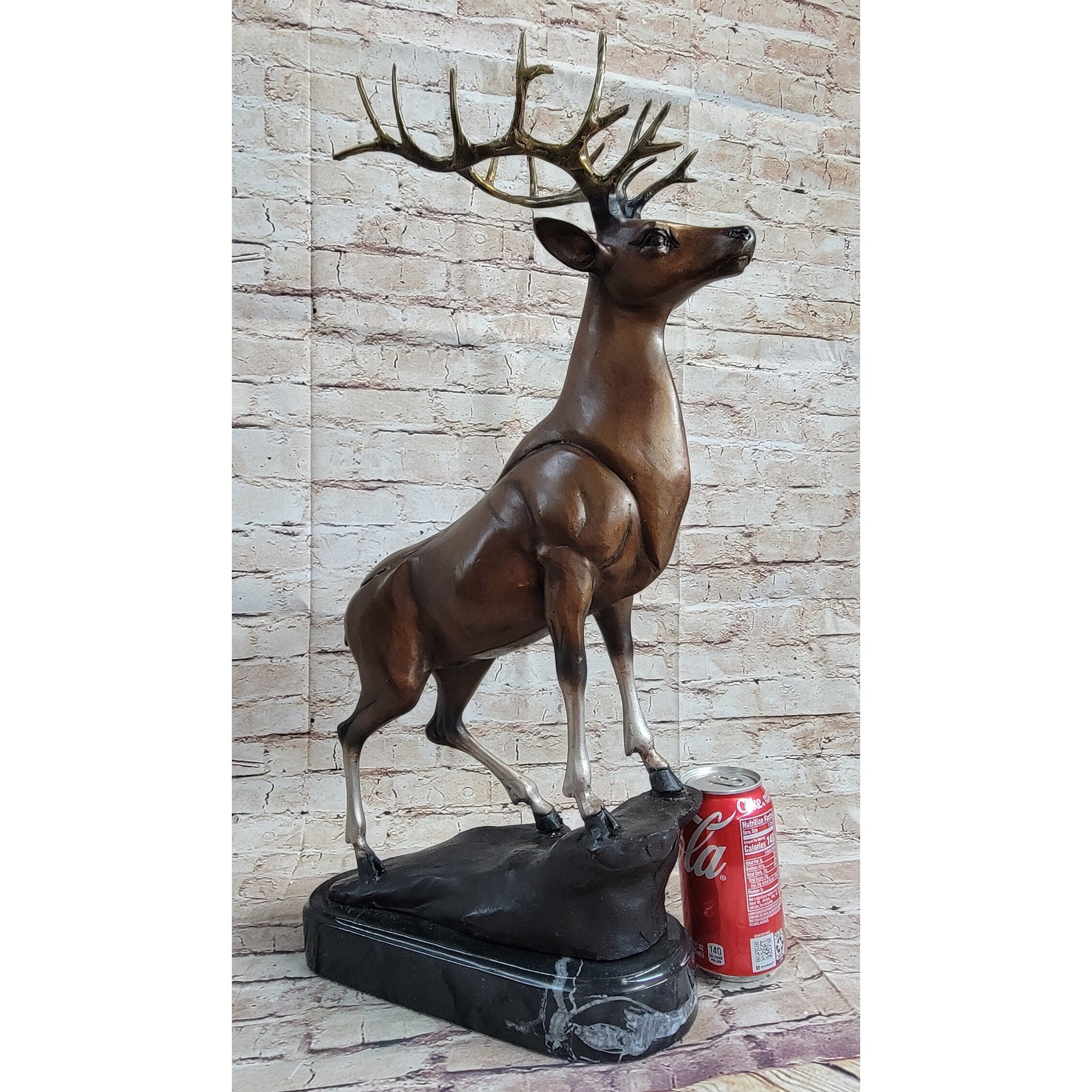 Elk Stag Caribou Reindeer Buck Standing On Rock Bronze Sculpture Statue Figure On Marble Base