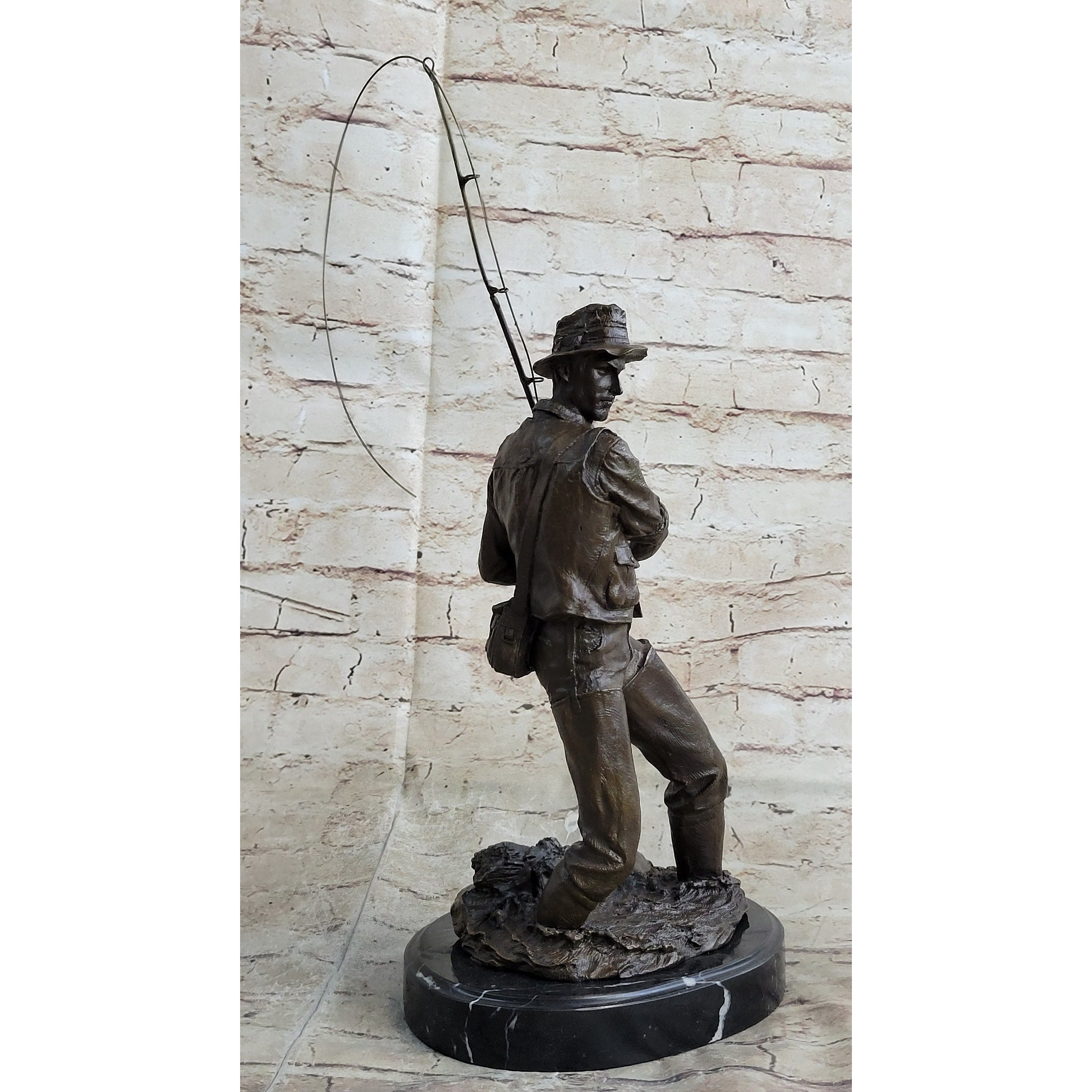 Fisherman Man Fishing Bronze Statue Sculpture Figure Decor 16 Inches X 8 Inches