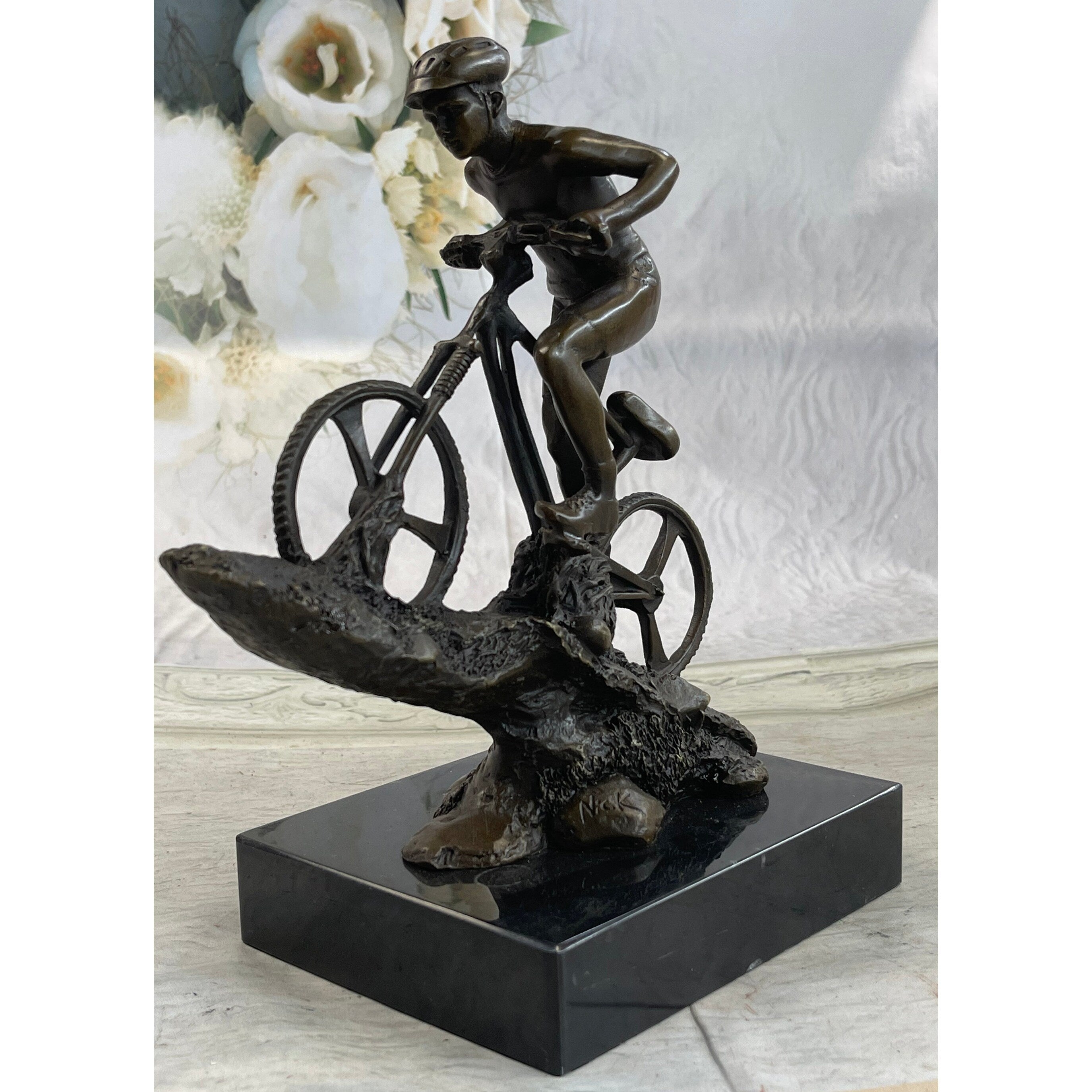 Signed: Nick Bronze Sculpture Biking Sport Statue Man On Bike Bicycle Great Deal!