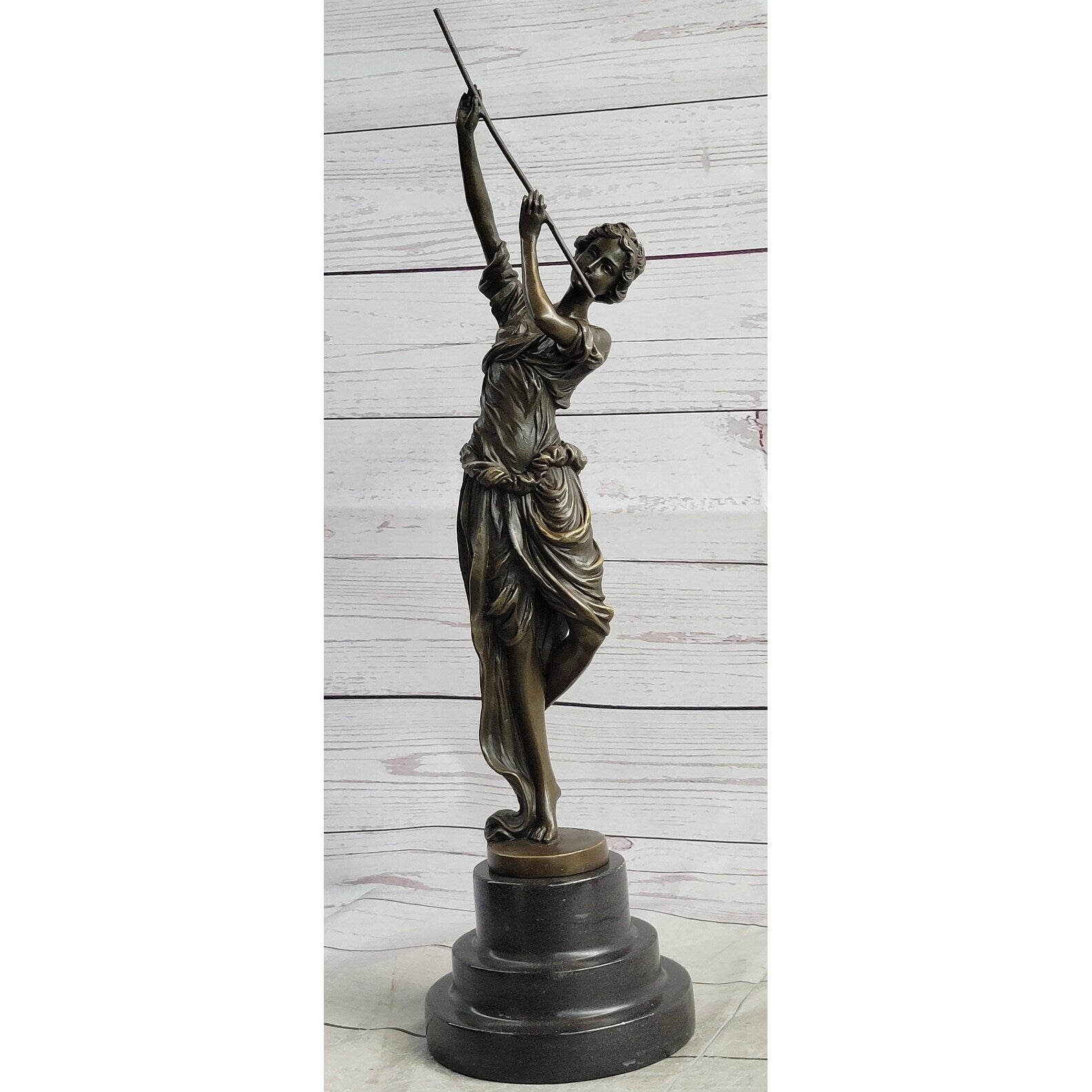 Clical French Flautist Girl Playing Flute Bronze Sculpture Statue Vintage Style Decor