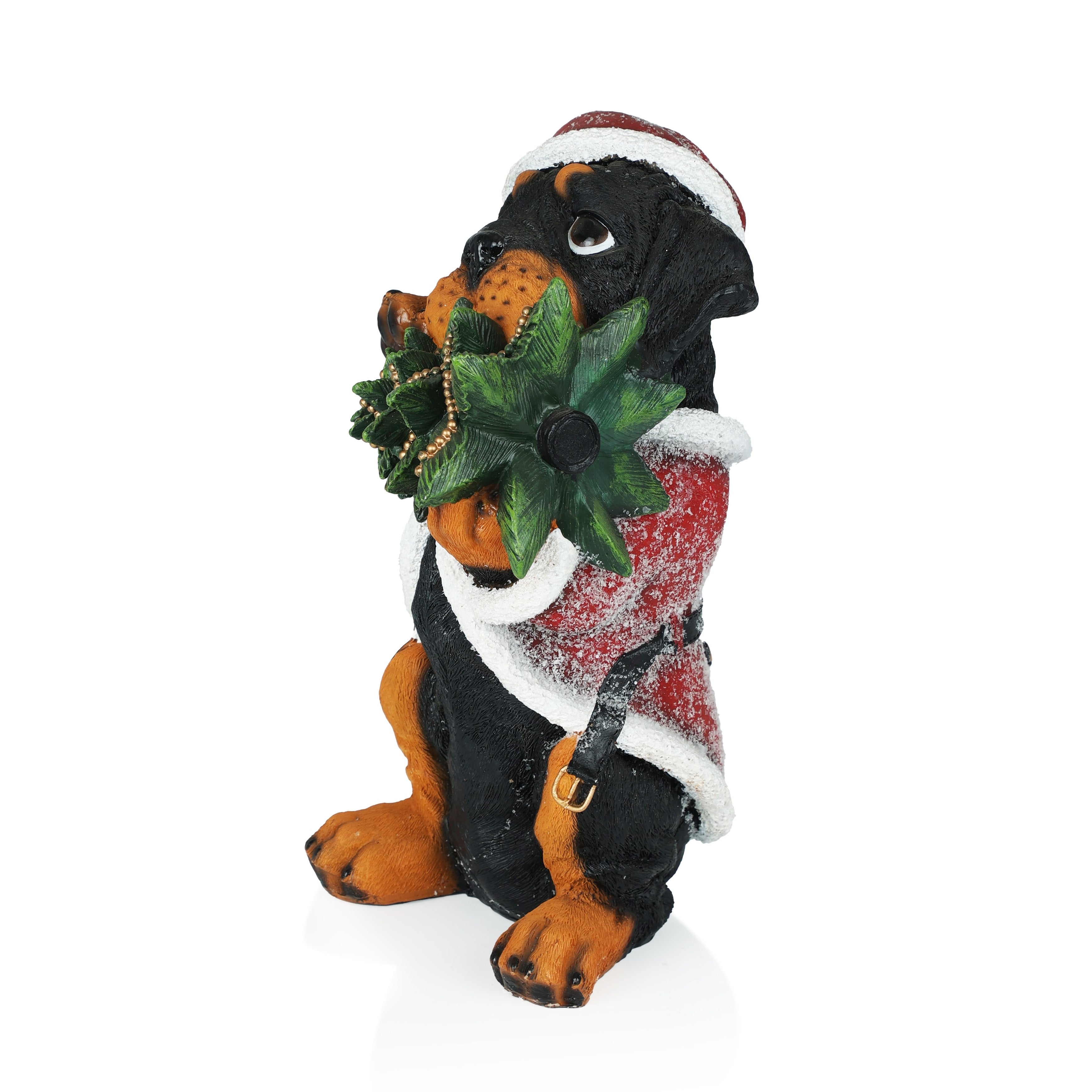 Christmas Santa Black and Tan Puppy Statue w/ Pine Tree - 11 H