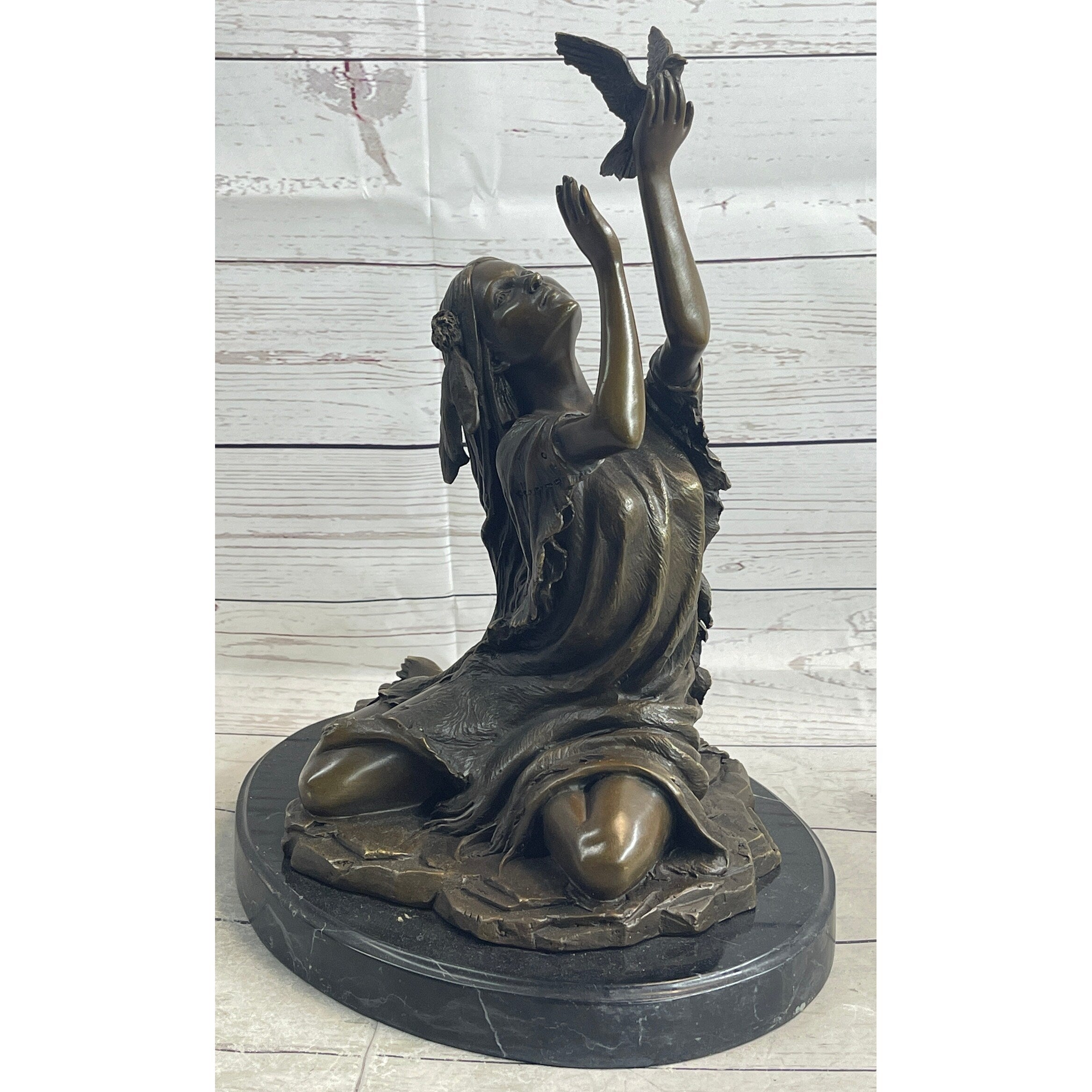 Native American Indian Young Girl W/ Bird - Bronze Metal Statue Sculpture Original Art