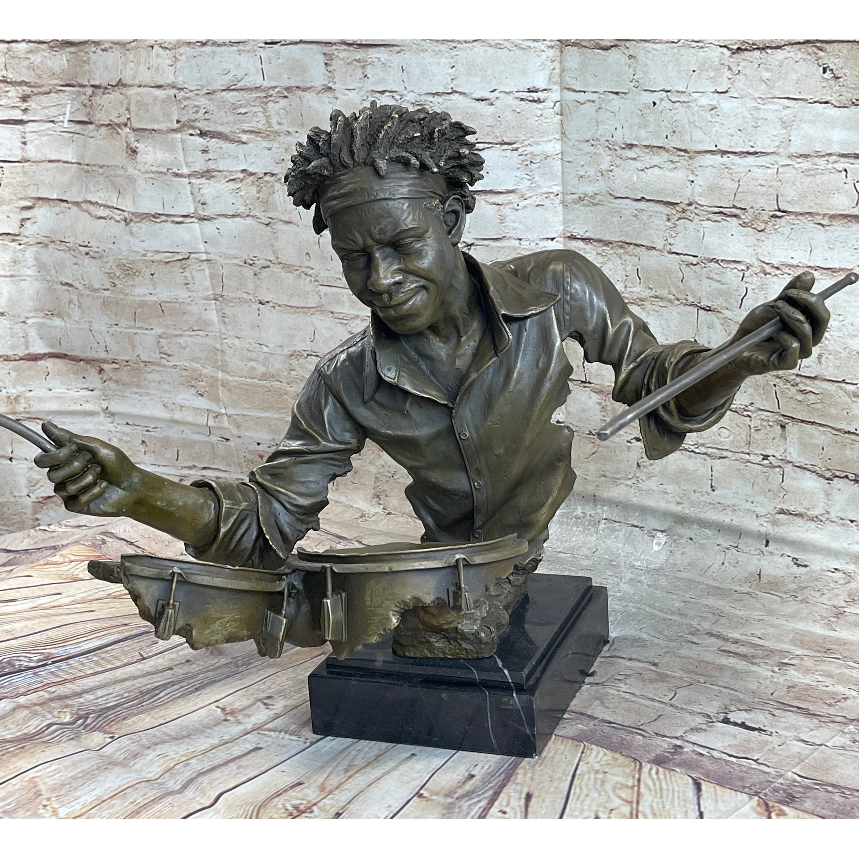 African American Drummer Musician Bronze Sculpture Statue Marble Base