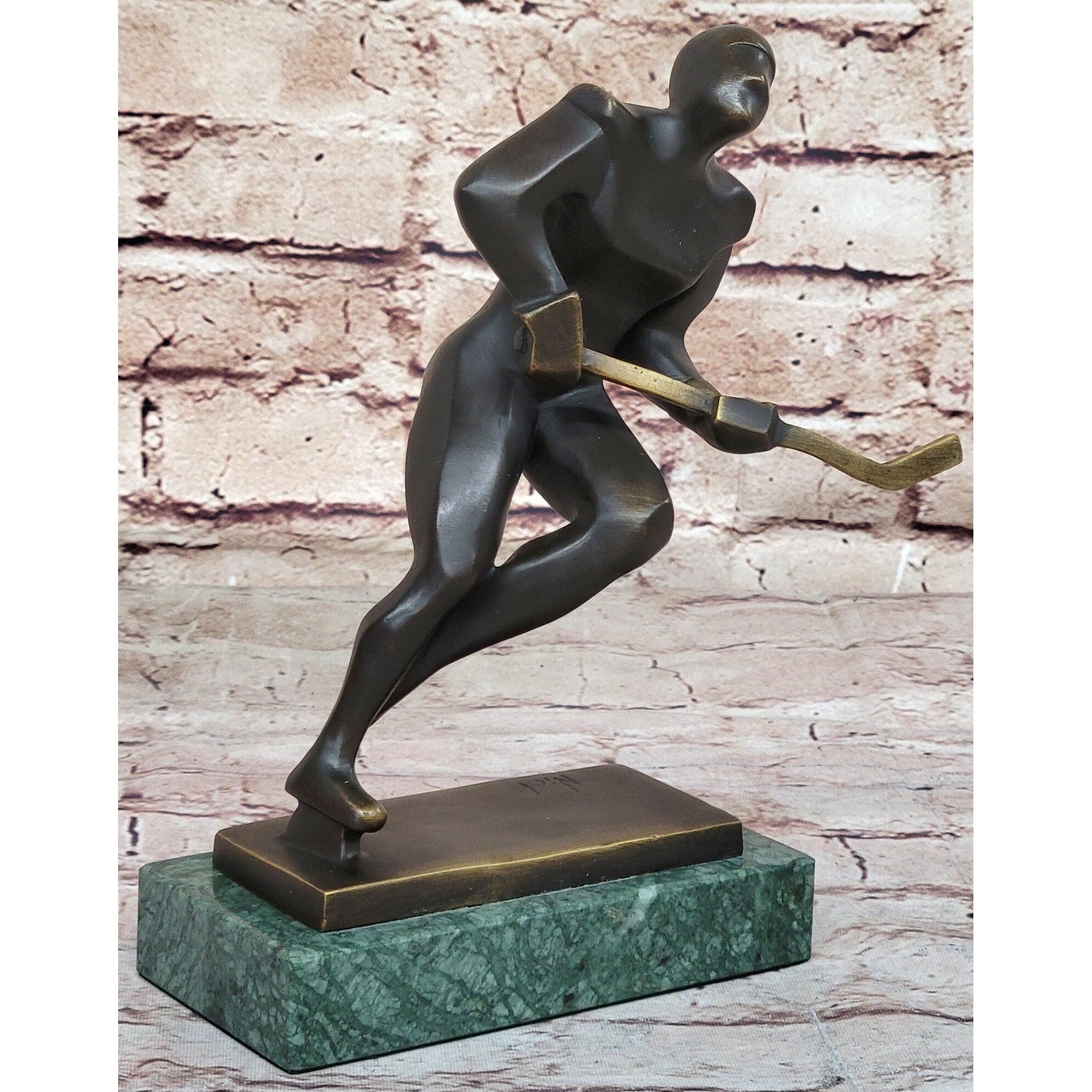 Abstract Hockey Player Bronze Metal Statue Sculpture Trophy On Green Marble Base