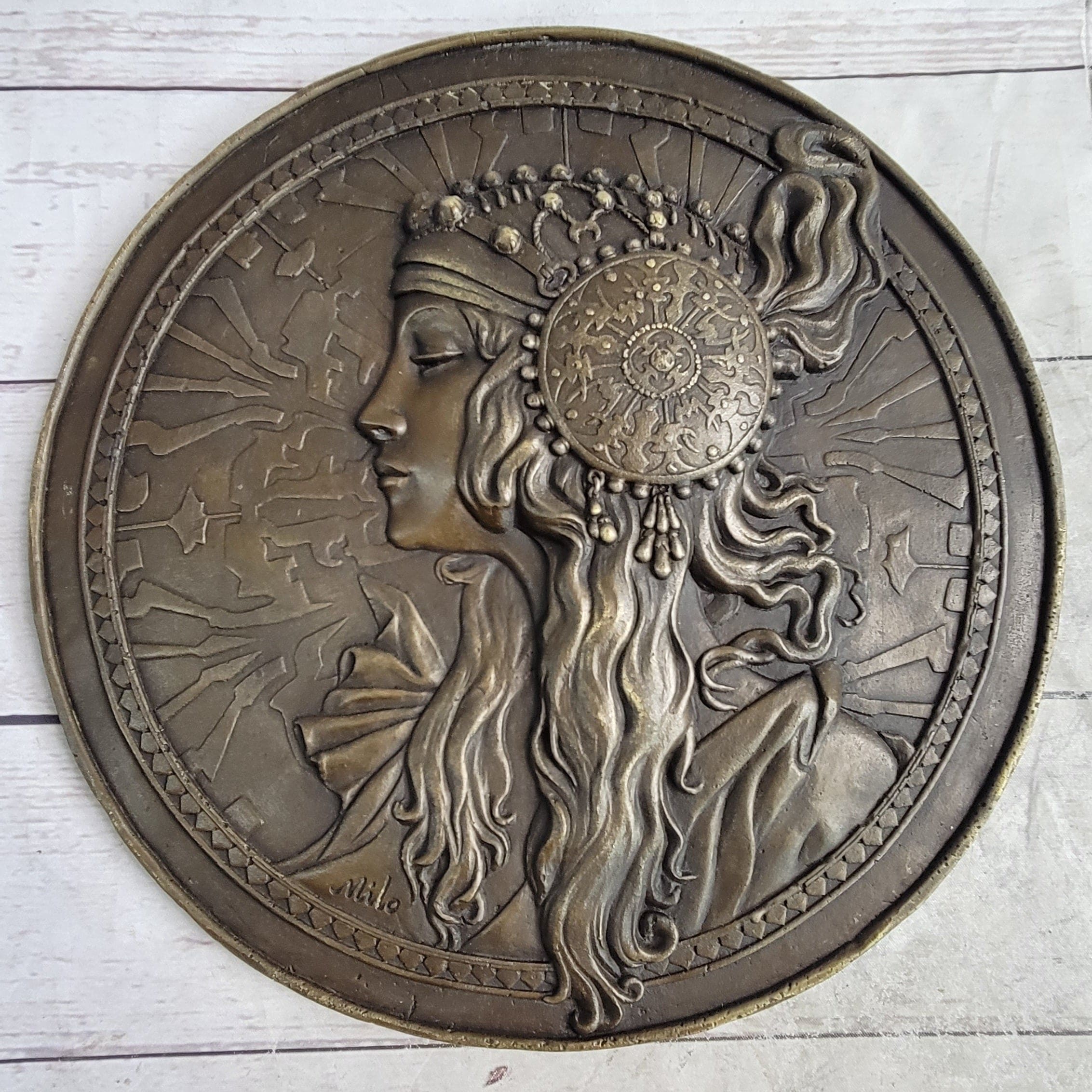 Art Nouveau Female Portrait Bronze Metal Hanging Wall Plate Plaque Signed Original Art