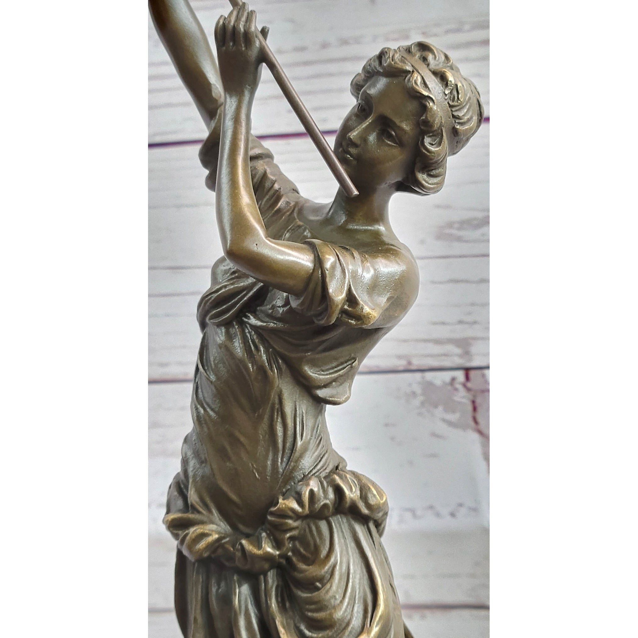 Clical French Flautist Girl Playing Flute Bronze Sculpture Statue Vintage Style Decor