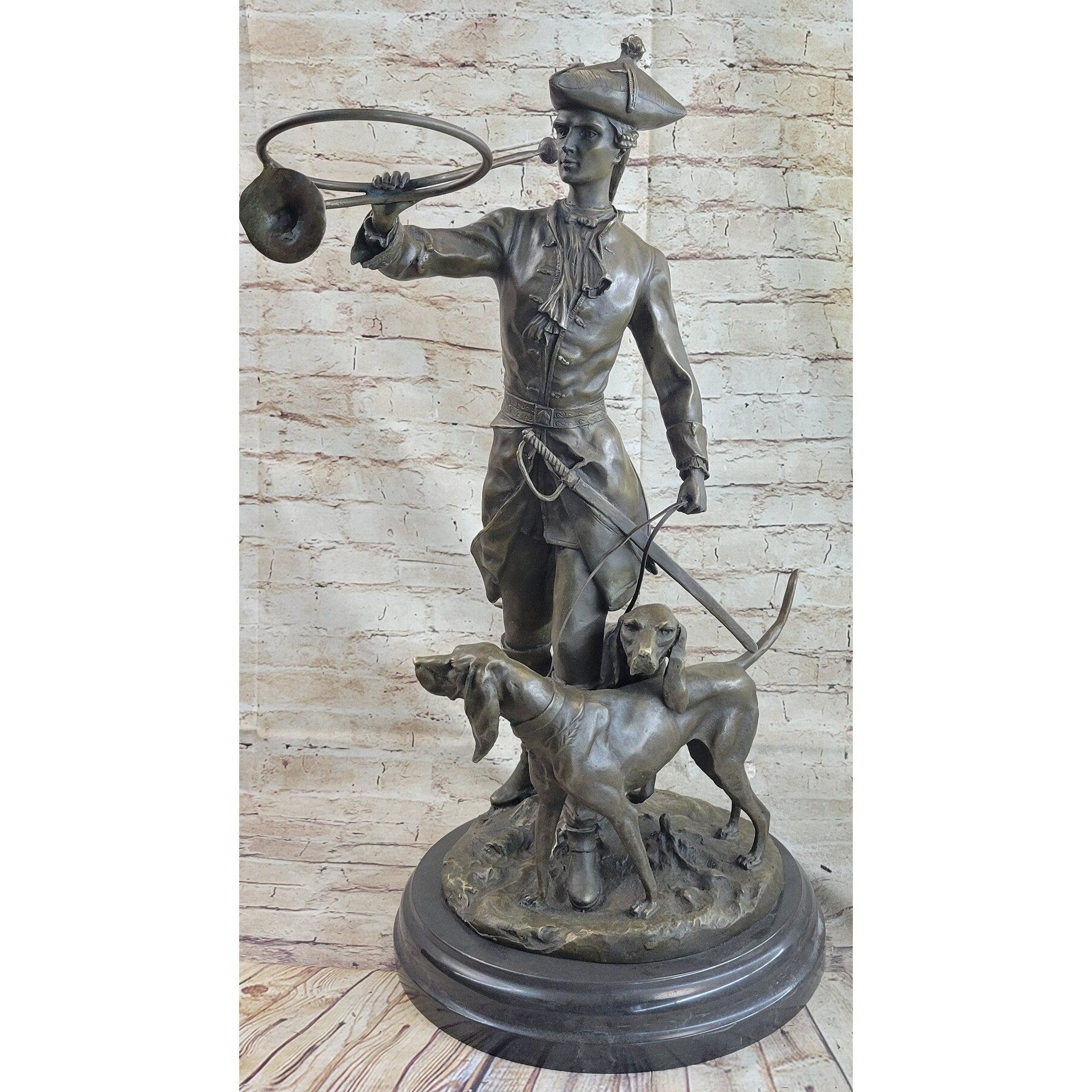 Military Bugler With Hound Dogs Bronze Statue Sculpture On Marble Base 26 Inches X 19 Inches