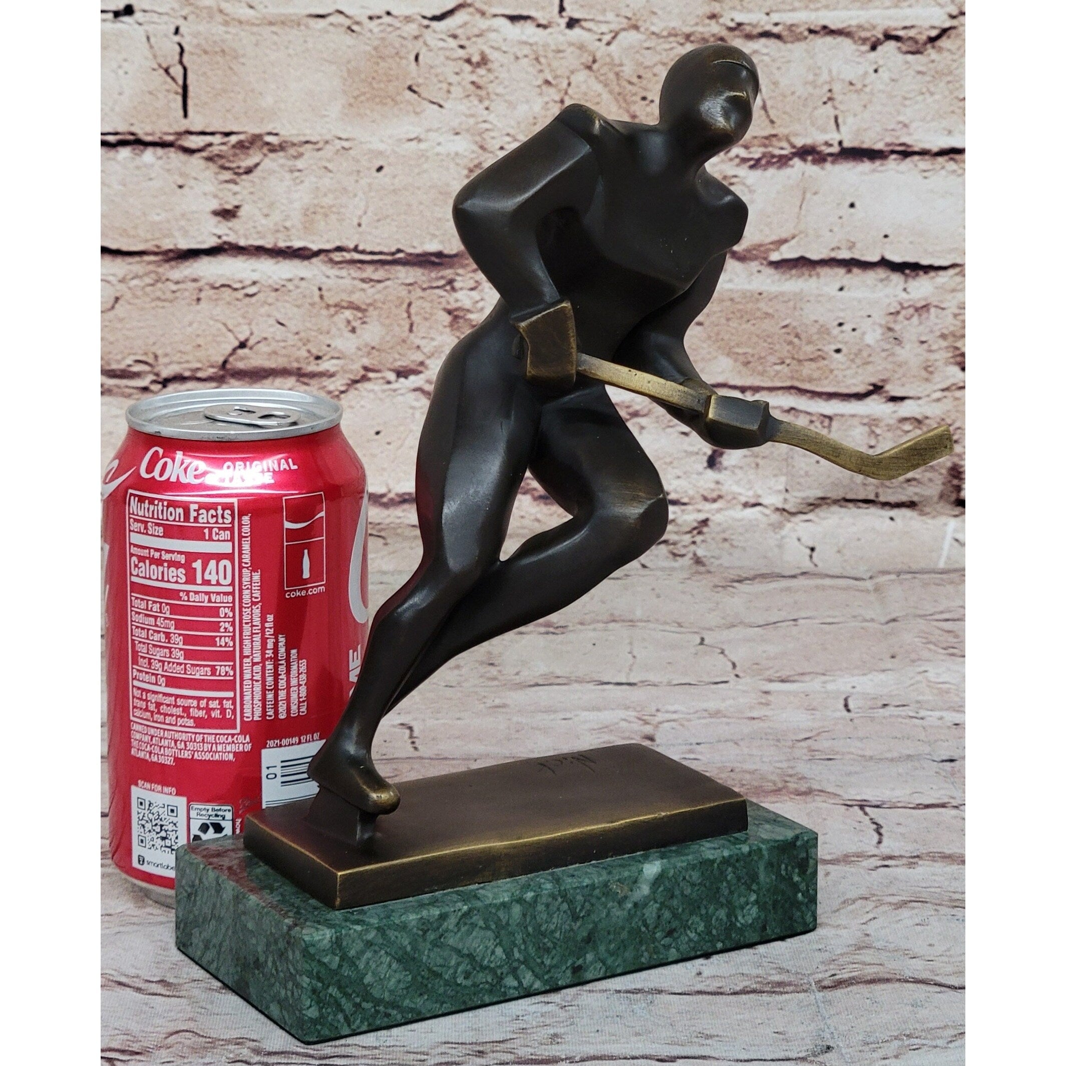 Abstract Hockey Player Bronze Metal Statue Sculpture Trophy On Green Marble Base