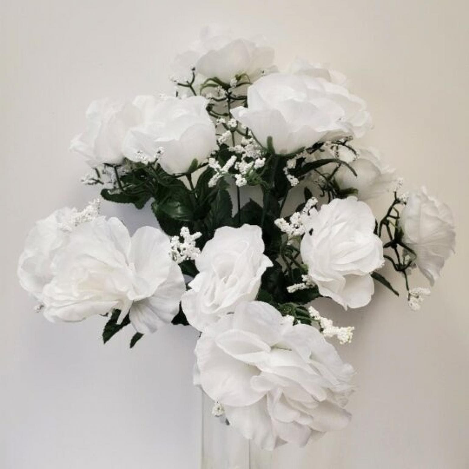 White Open Roses With White Accent Flowers Artificial Flower